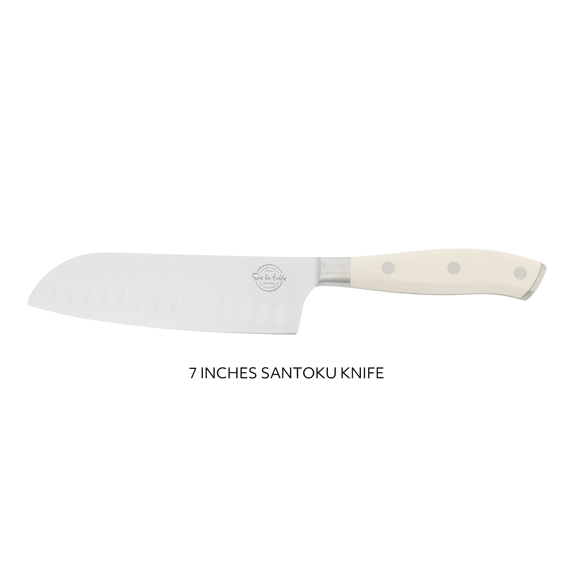 Sur La Table Kitchen Essentials Tasting Kitchen German Steel Santoku Knife, 7-Inch Stainless Steel Blade – Professional Kitchen Knife with White Handle and Forged Full Tang