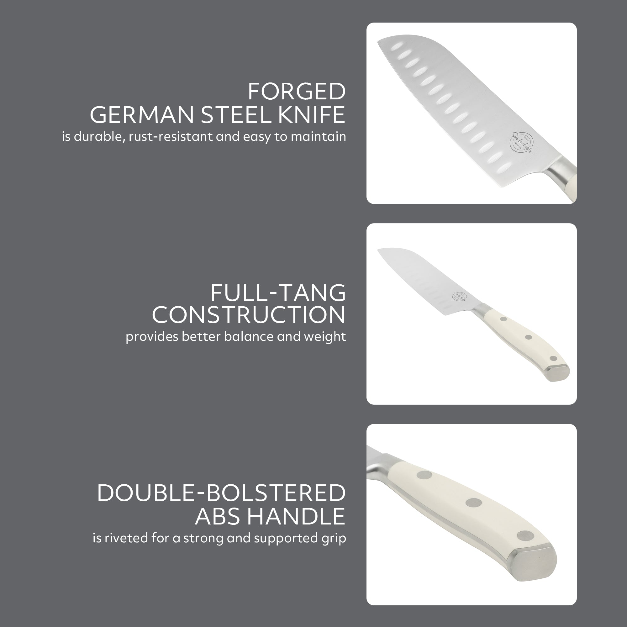 Sur La Table Kitchen Essentials Tasting Kitchen German Steel Santoku Knife, 7-Inch Stainless Steel Blade – Professional Kitchen Knife with White Handle and Forged Full Tang