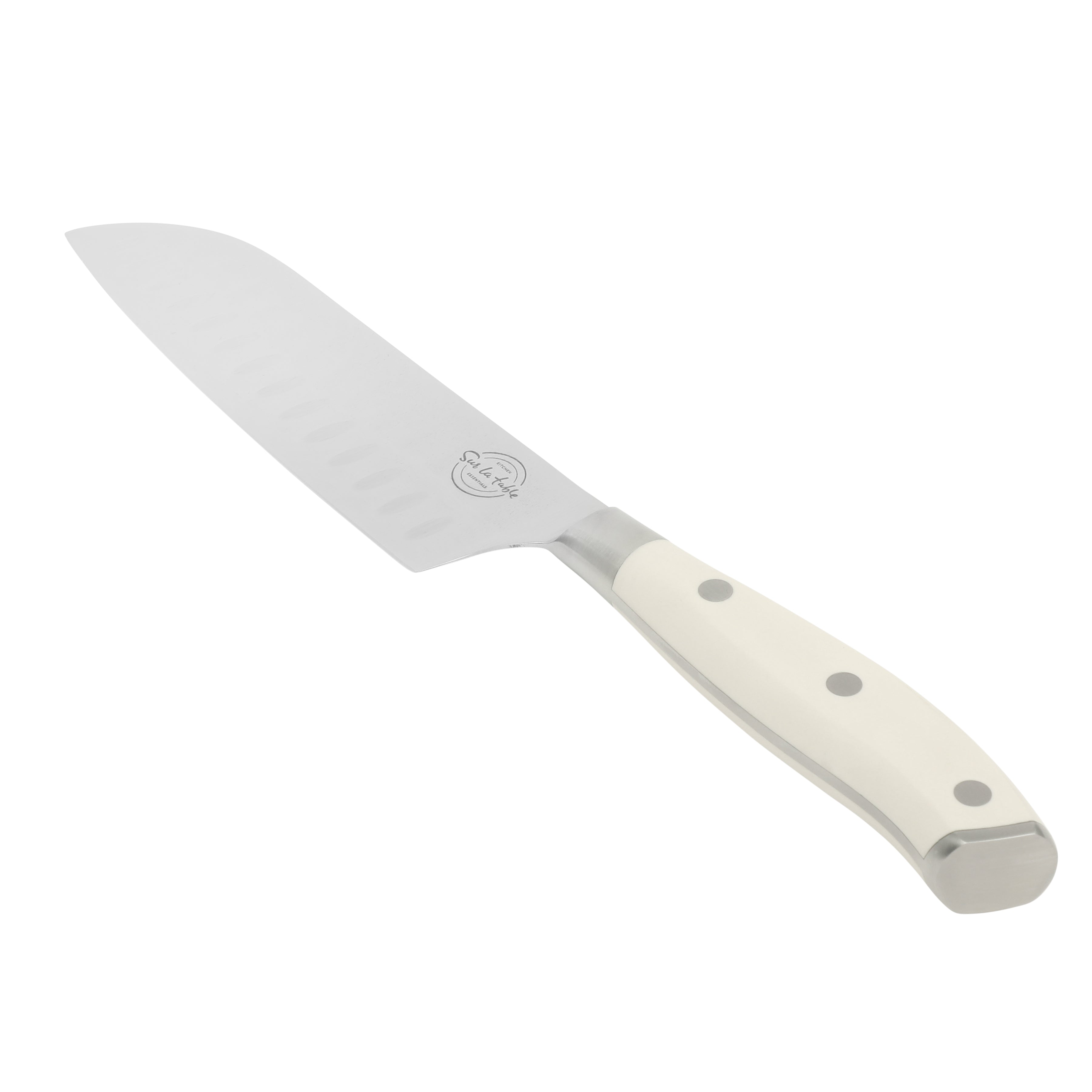 Sur La Table Kitchen Essentials Tasting Kitchen German Steel Santoku Knife, 7-Inch Stainless Steel Blade – Professional Kitchen Knife with White Handle and Forged Full Tang