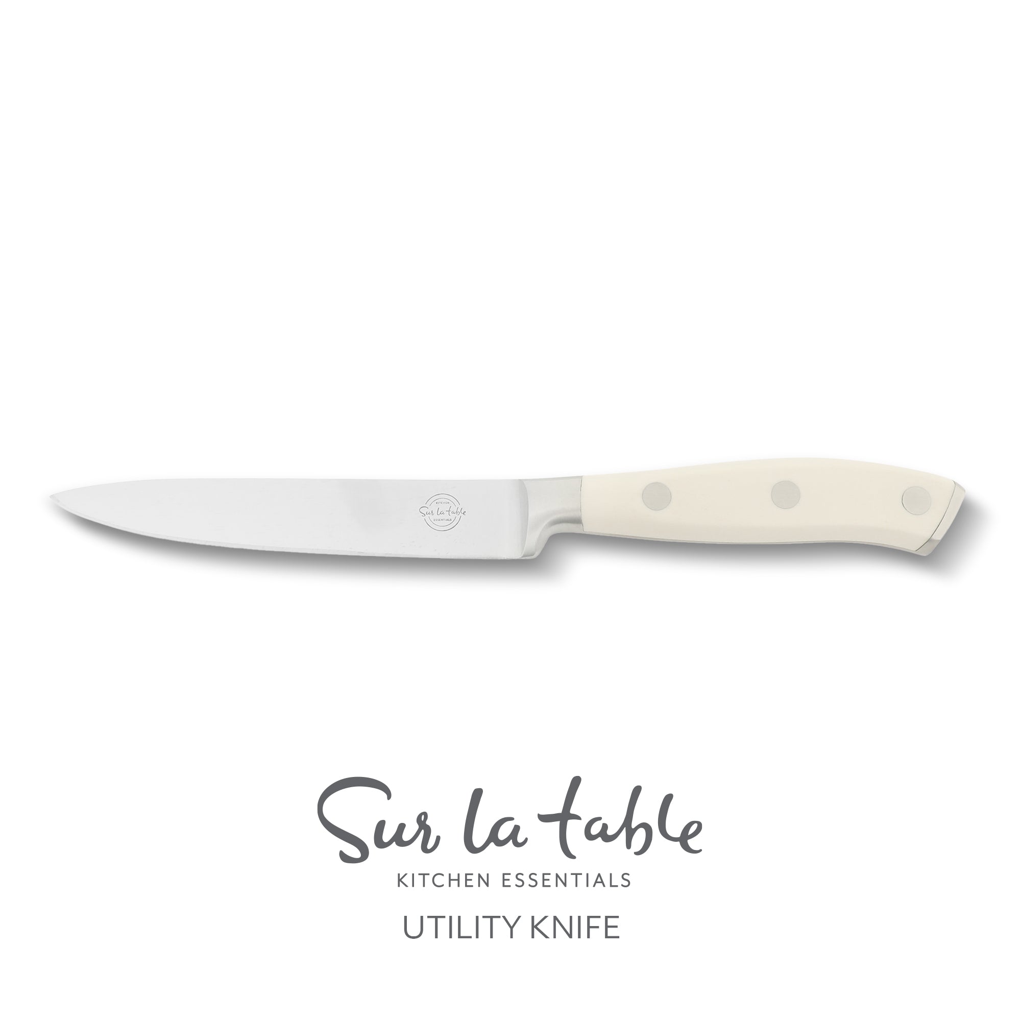 Sur La Table Kitchen Essentials Tasting Kitchen German Steel Utility Knife, 5-Inch Stainless Steel Blade – Professional Kitchen Knife with White Handle and Forged Full Tang