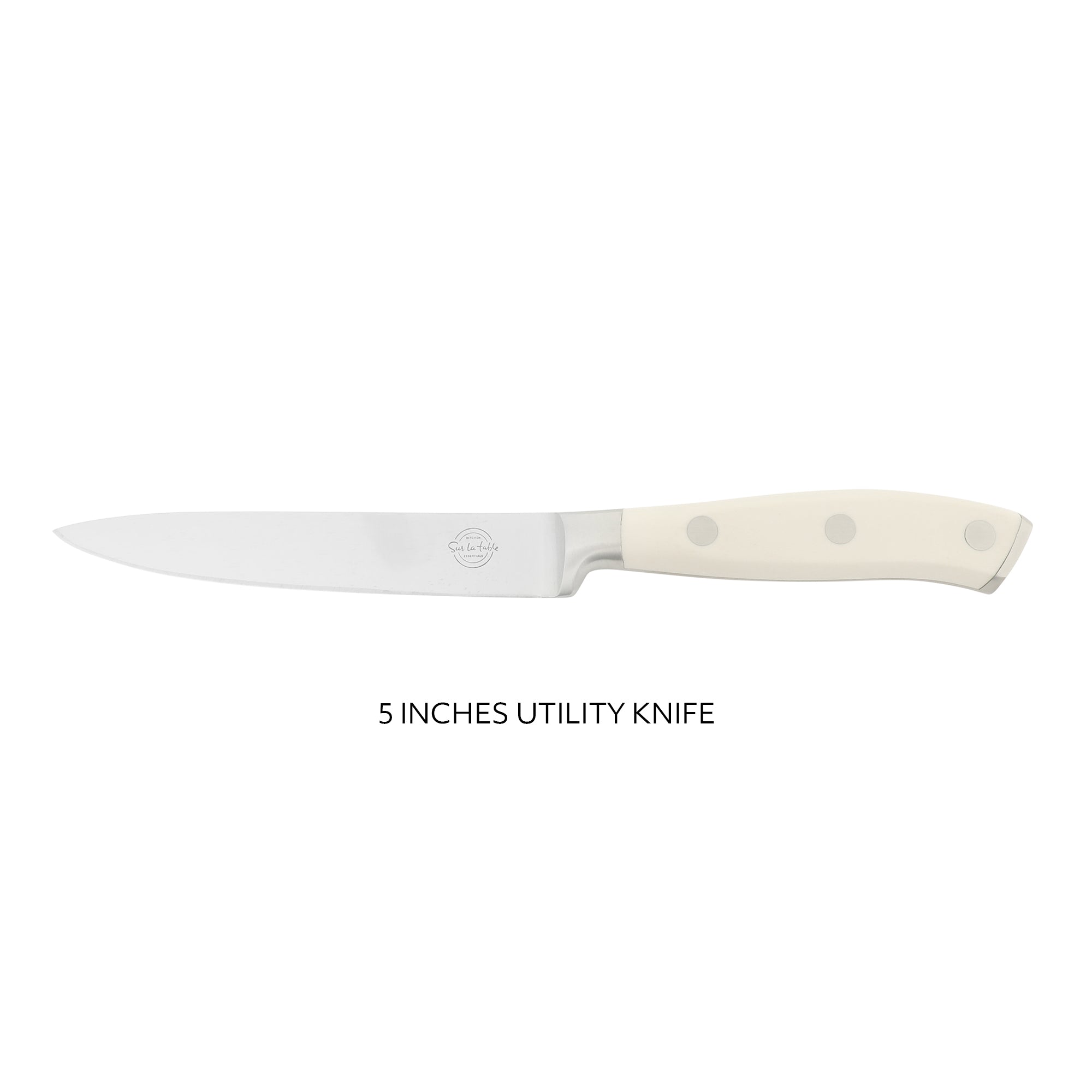 Sur La Table Kitchen Essentials Tasting Kitchen German Steel Utility Knife, 5-Inch Stainless Steel Blade – Professional Kitchen Knife with White Handle and Forged Full Tang