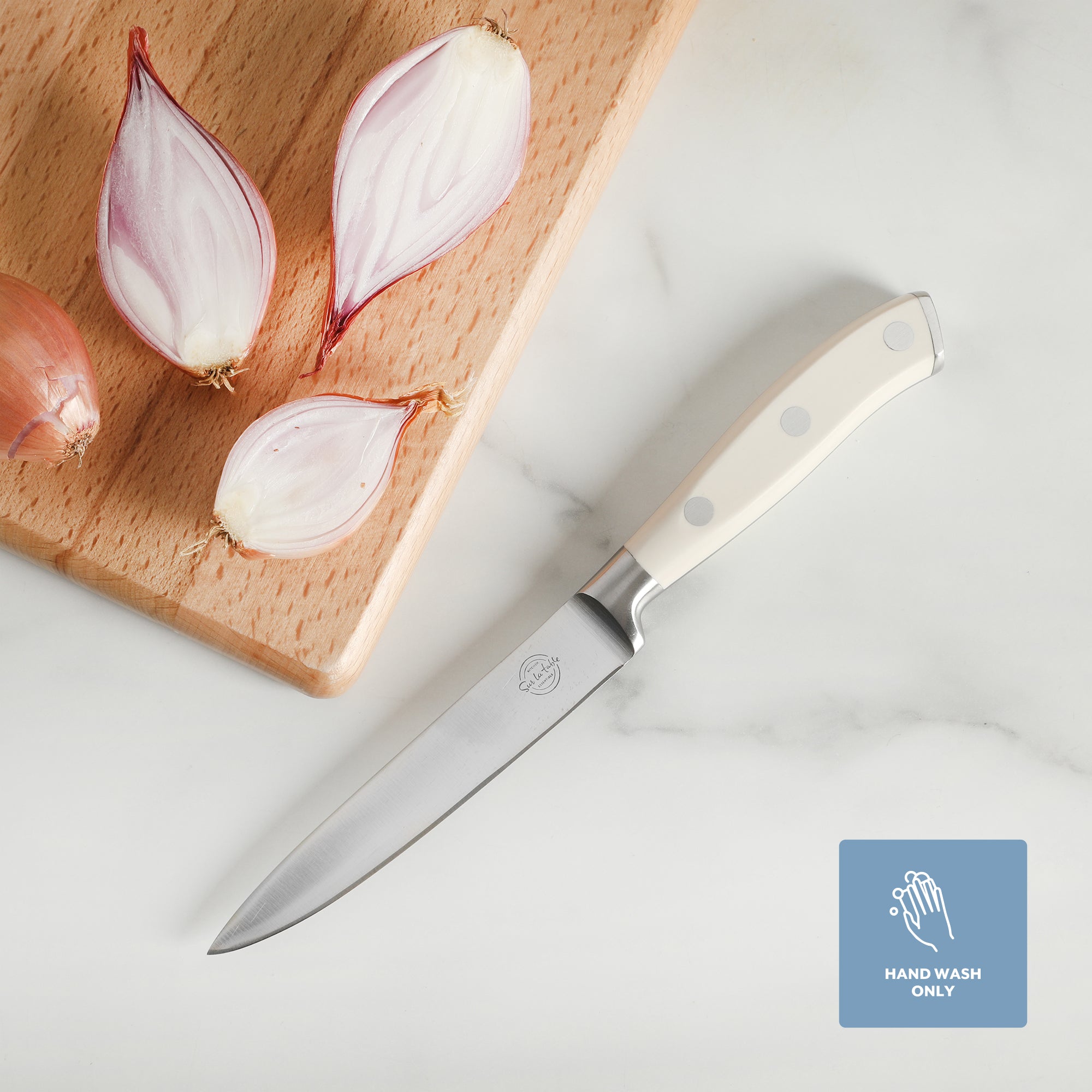 Sur La Table Kitchen Essentials Tasting Kitchen German Steel Utility Knife, 5-Inch Stainless Steel Blade – Professional Kitchen Knife with White Handle and Forged Full Tang