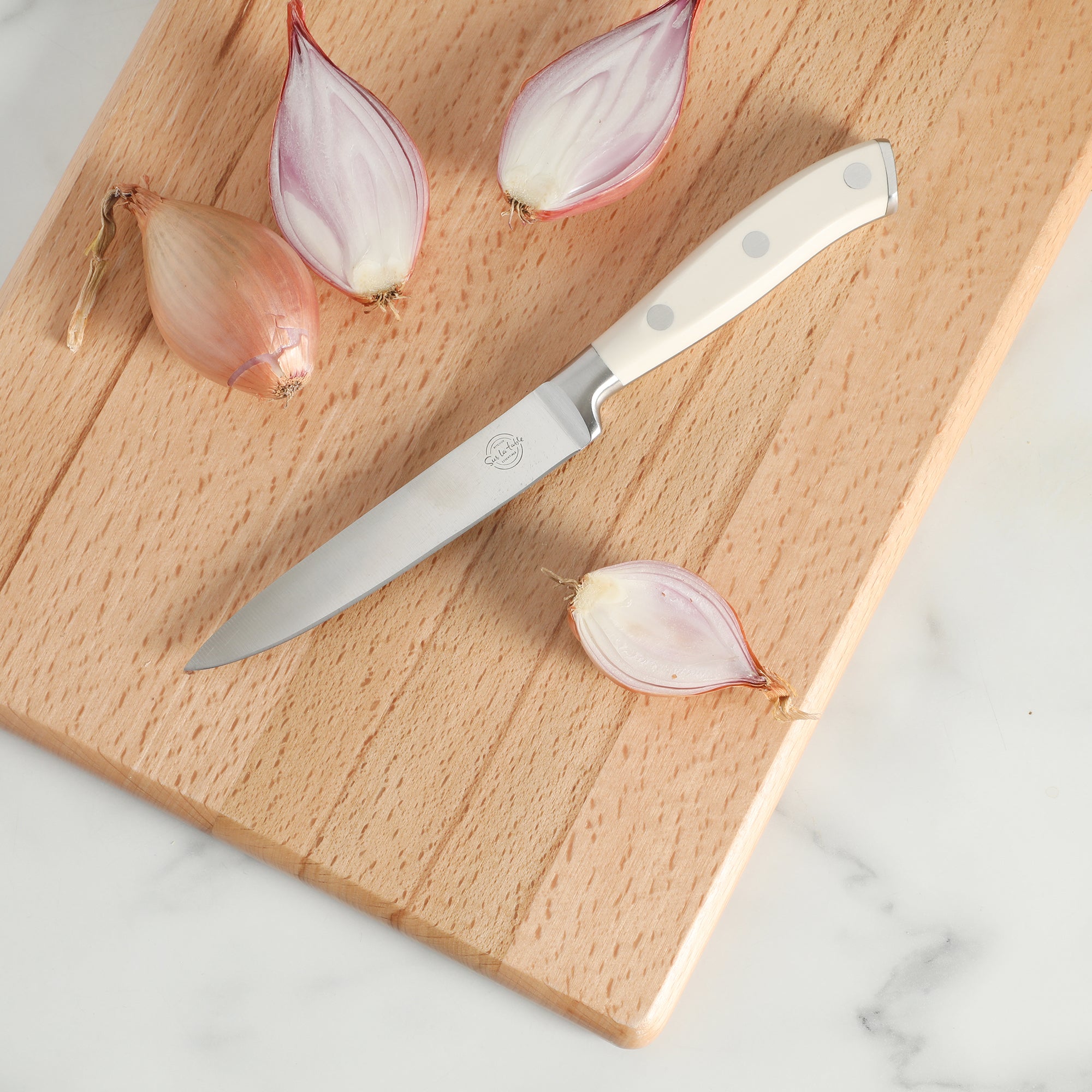 Sur La Table Kitchen Essentials Tasting Kitchen German Steel Utility Knife, 5-Inch Stainless Steel Blade – Professional Kitchen Knife with White Handle and Forged Full Tang