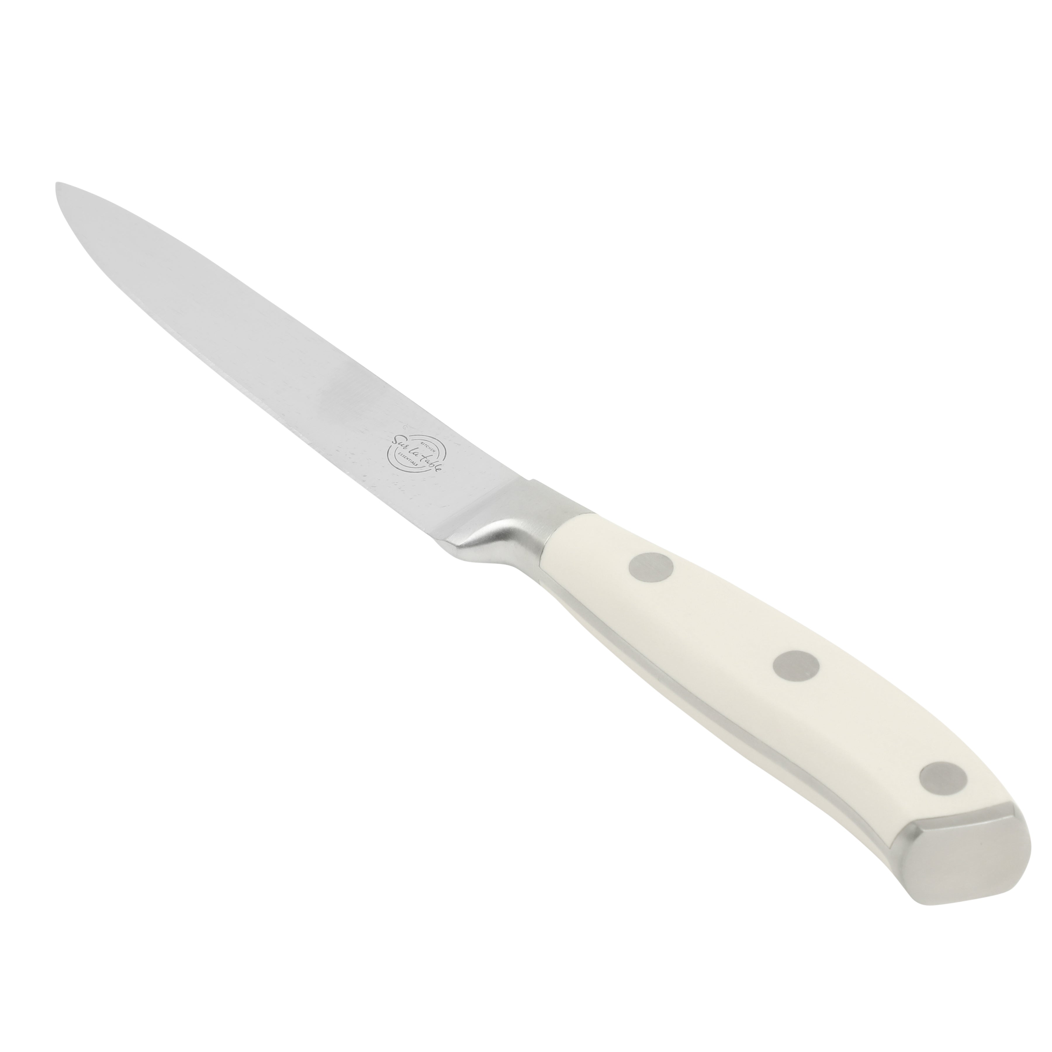 Sur La Table Kitchen Essentials Tasting Kitchen German Steel Utility Knife, 5-Inch Stainless Steel Blade – Professional Kitchen Knife with White Handle and Forged Full Tang