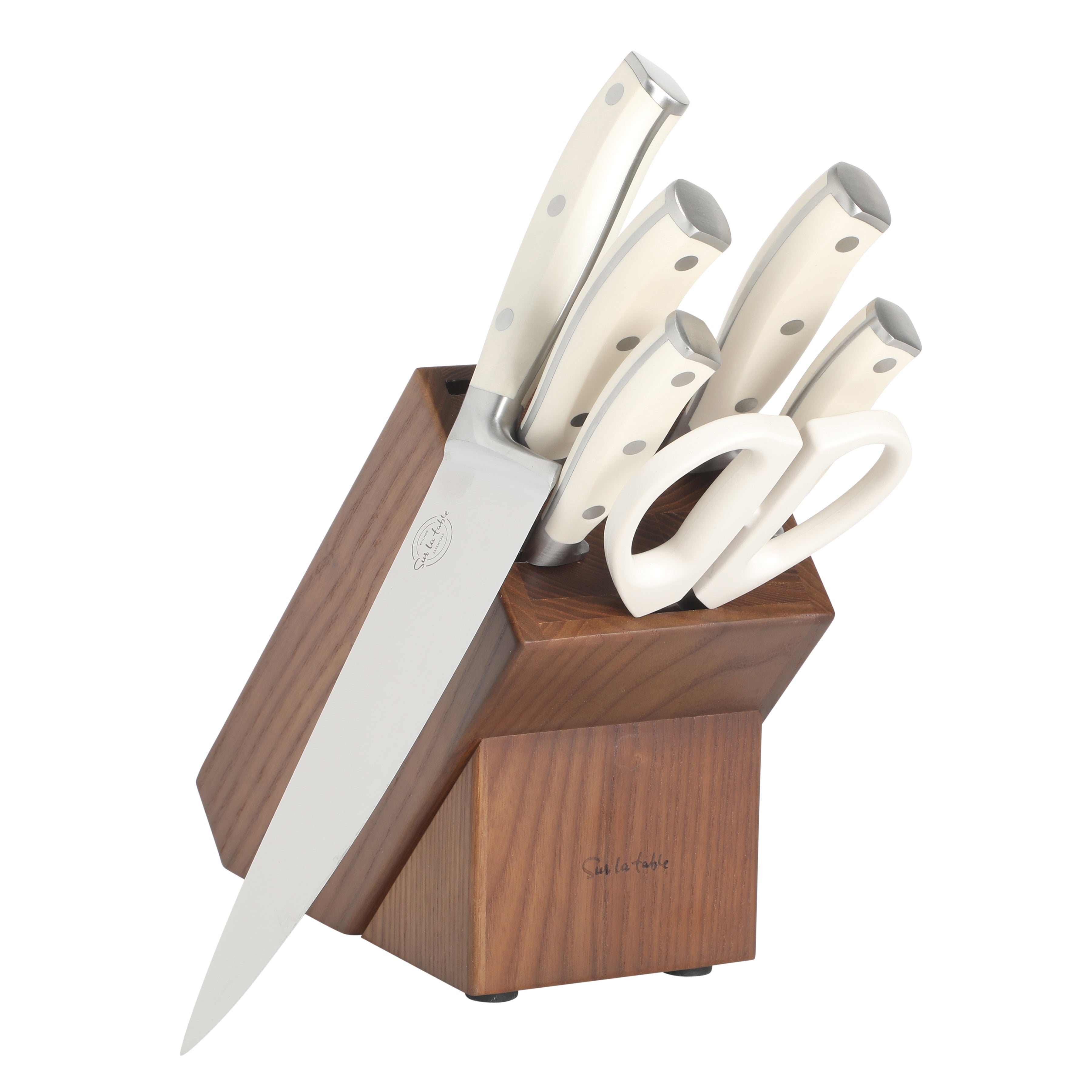 Sur La Table Kitchen Essentials Tasting Kitchen High-Carbon German Steel 7 Piece Full Tang Forged Cutlery Knife Block Set - W/ Ashwood Block