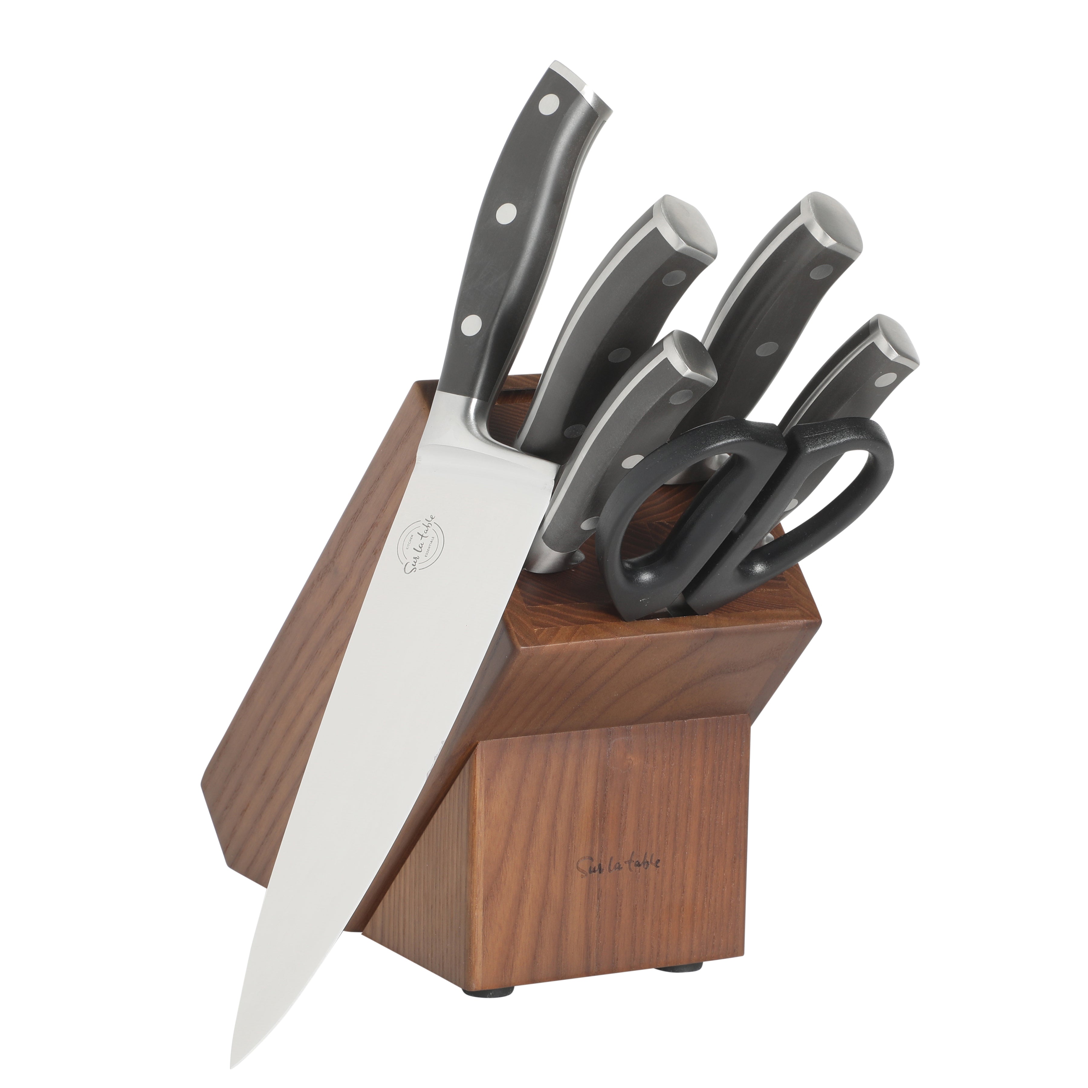 Sur La Table Kitchen Essentials Tasting Kitchen High-Carbon German Steel 7 Piece Full Tang Forged Cutlery Knife Block Set - W/ Ashwood Block