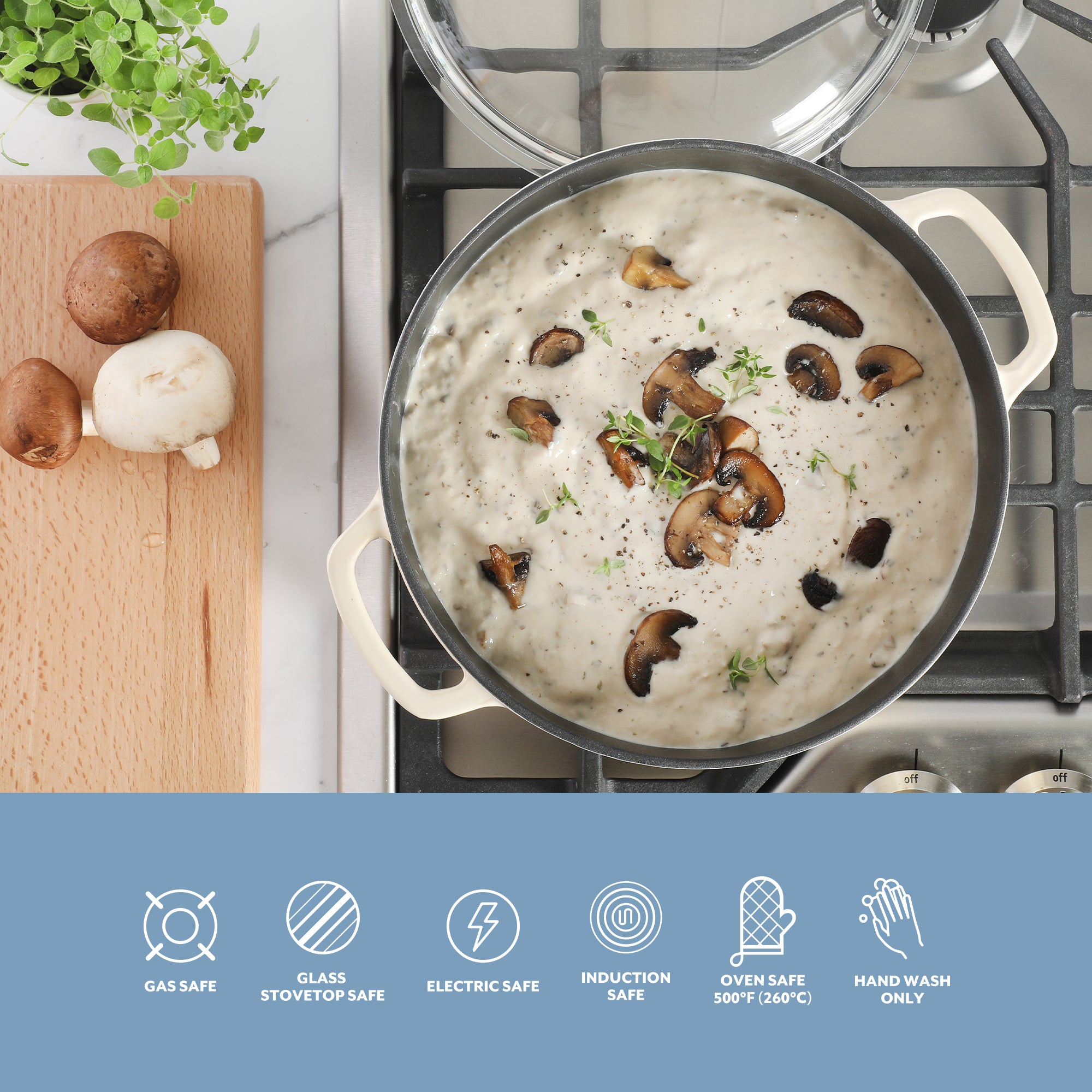 Sur La Table Kitchen Essentials Supper Club 5-Quart Enamel-Coated Cast Iron Dutch Oven Pot with Oven Safe Glass Lid, Oven-to-Table Cookware for Bread, Soups, Stews & Braising