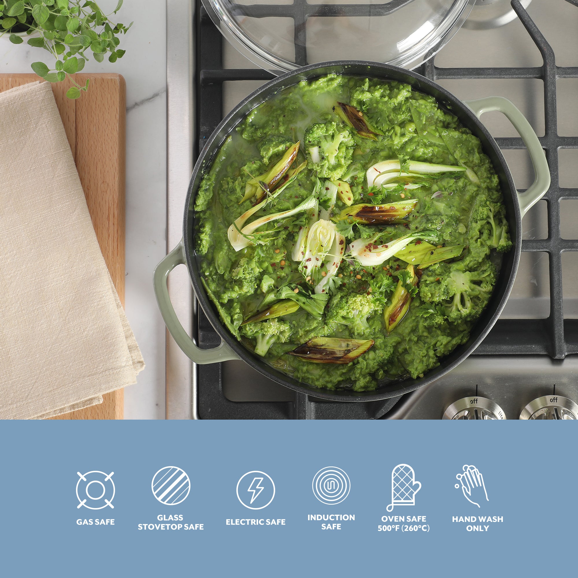 Sur La Table Kitchen Essentials Supper Club 5-Quart Enamel-Coated Cast Iron Dutch Oven Pot with Oven Safe Glass Lid, Oven-to-Table Cookware for Bread, Soups, Stews & Braising