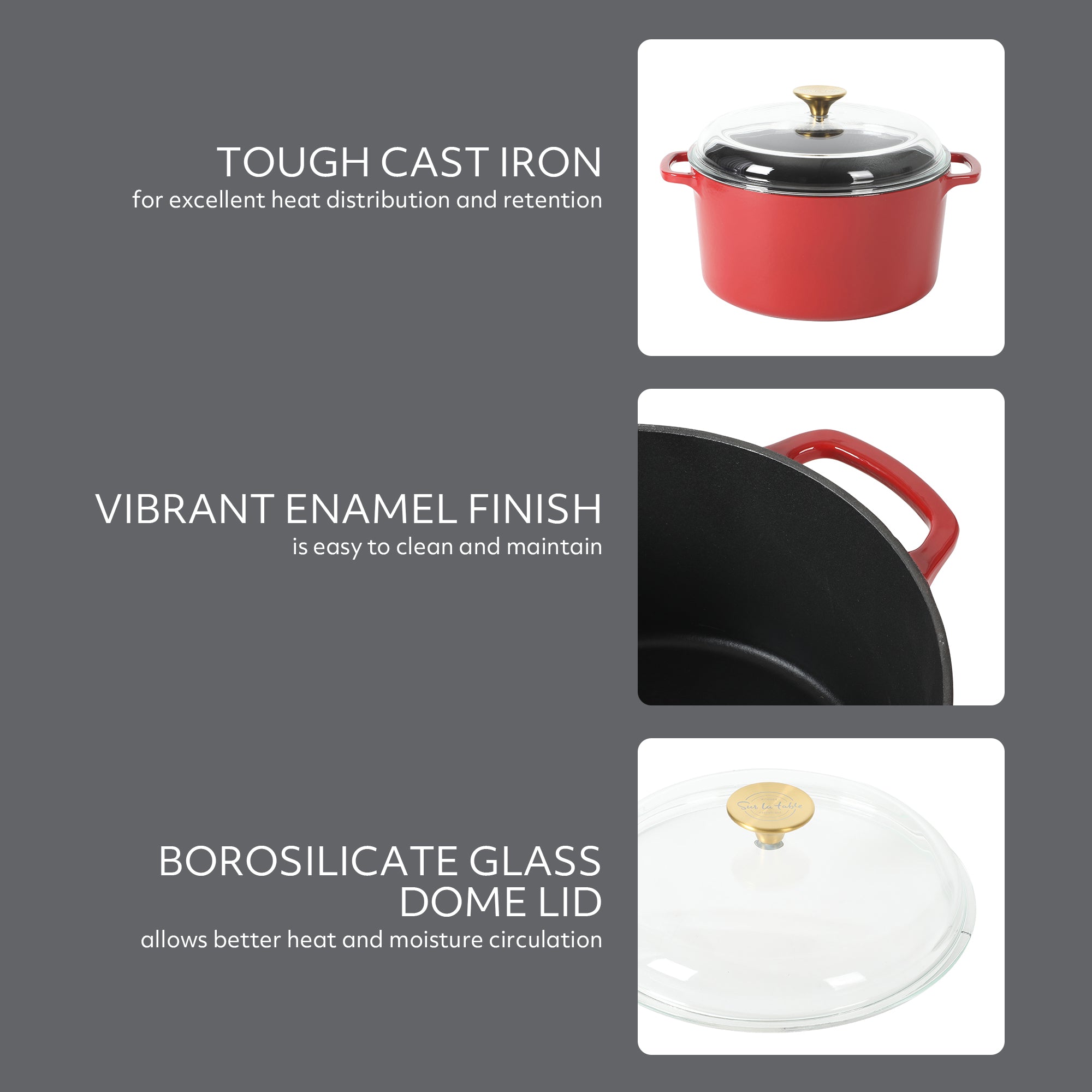 Sur La Table Kitchen Essentials Supper Club 5-Quart Enamel-Coated Cast Iron Dutch Oven Pot with Oven Safe Glass Lid, Oven-to-Table Cookware for Bread, Soups, Stews & Braising
