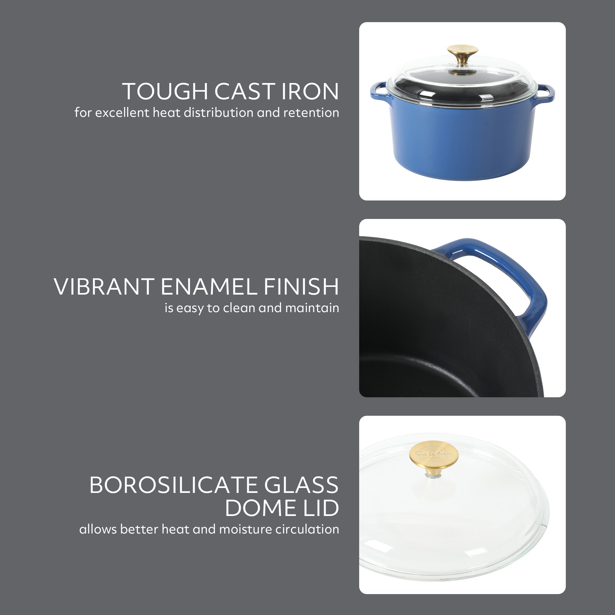 Sur La Table Kitchen Essentials Supper Club 5-Quart Enamel-Coated Cast Iron Dutch Oven Pot with Oven Safe Glass Lid, Oven-to-Table Cookware for Bread, Soups, Stews & Braising