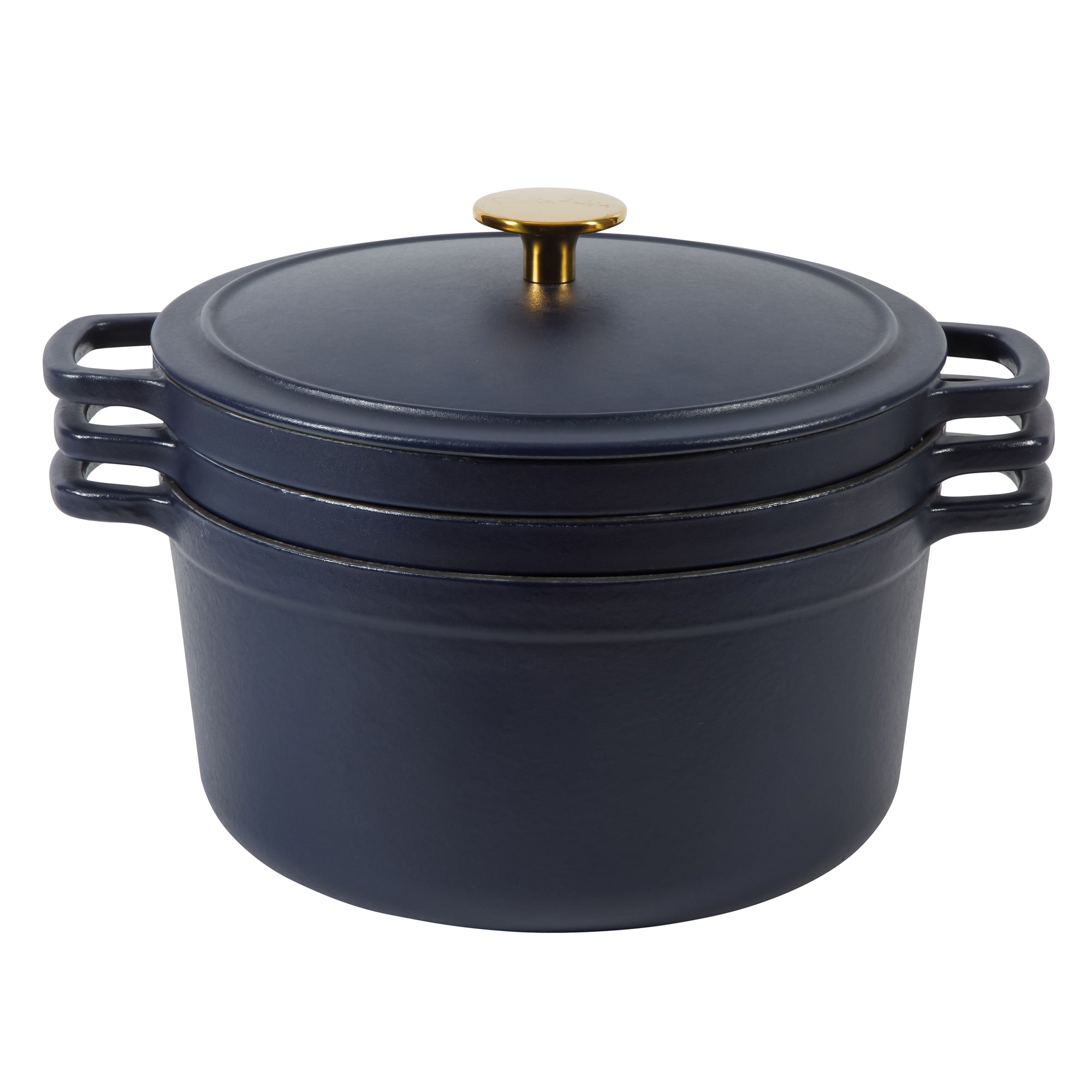 Sur La Table Kitchen Essentials 4-Piece Enameled Cast Iron Stackable Cookware Set, 5.3 Qt Dutch Oven with Lid, Braiser & Grill Pan, Navy Blue, Gold Knob Oven Safe to 500°F, Induction Compatible
