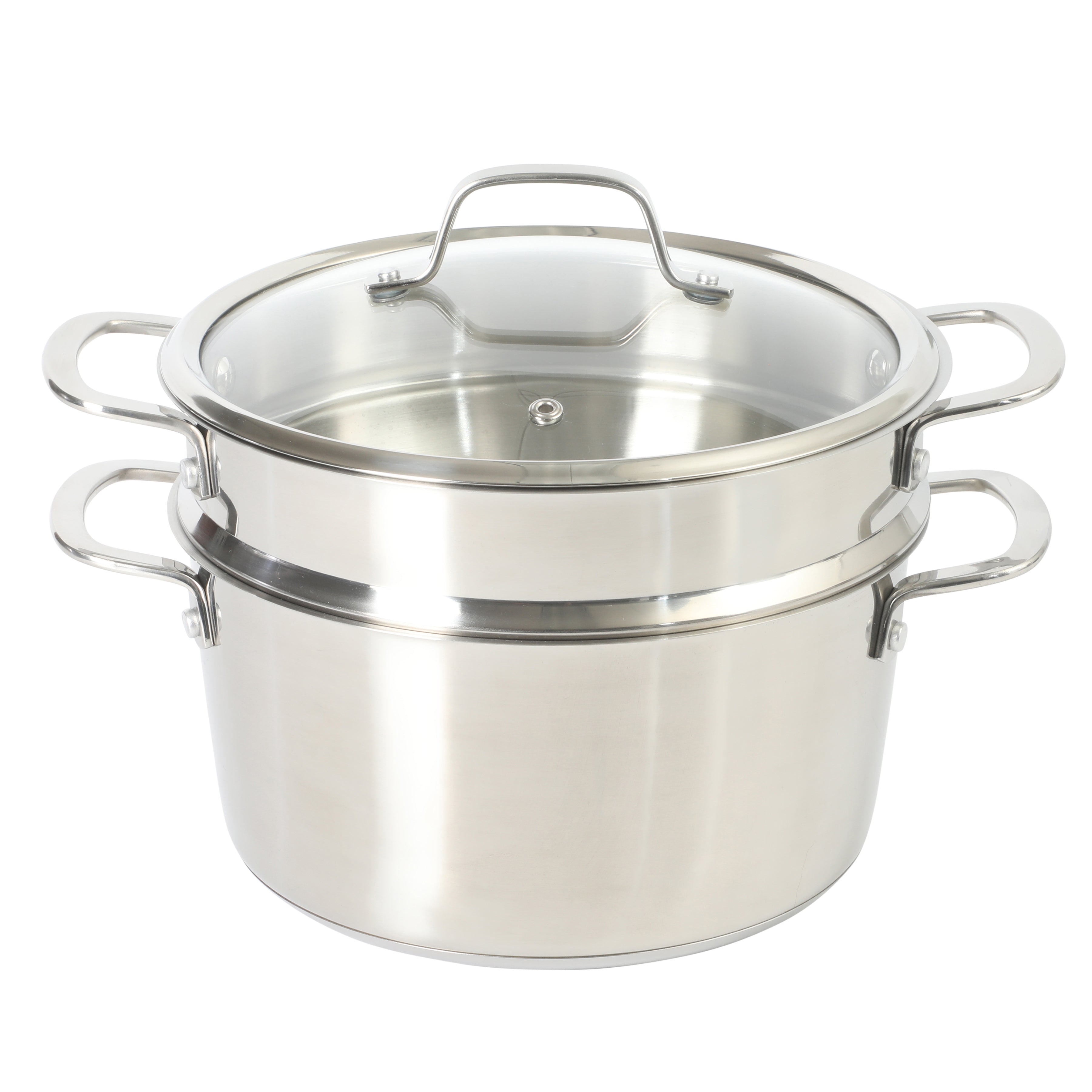 Sur La Table Kitchen Essentials Chef's Deck 3-Piece 5.3-Quart Stainless Steel Dutch Oven with Steamer Insert & Glass Lid – Induction Ready, Tri-Ply Base, Polished Finish & Hollow Stay-Cool Handles