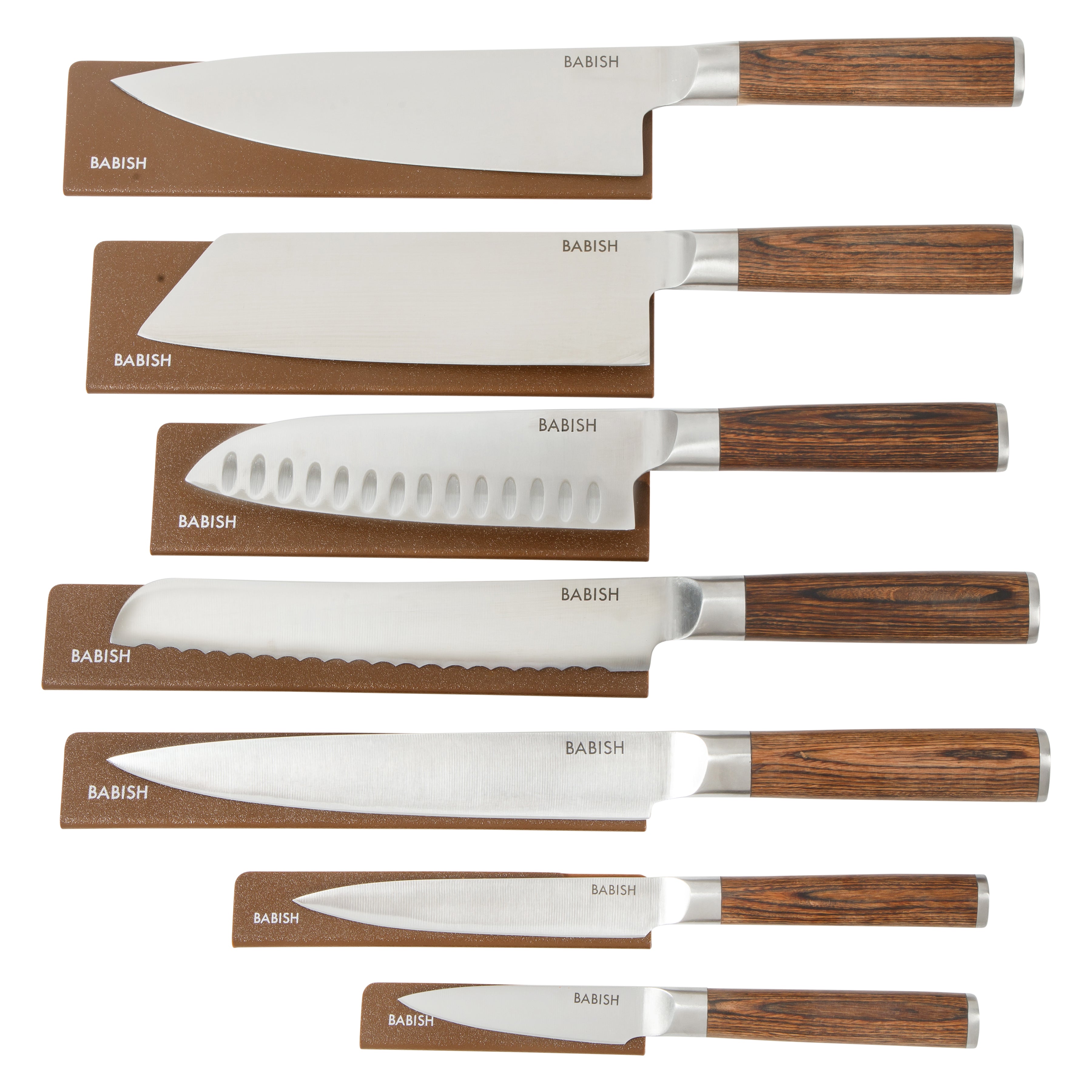 Babish 14-Piece Full Tang Forged Light/Dark Pakka Wood Kitchen Knife Set – High-Carbon 1.4116 German Steel Cutlery with Protective Sheaths – Professional Chef Knife Set
