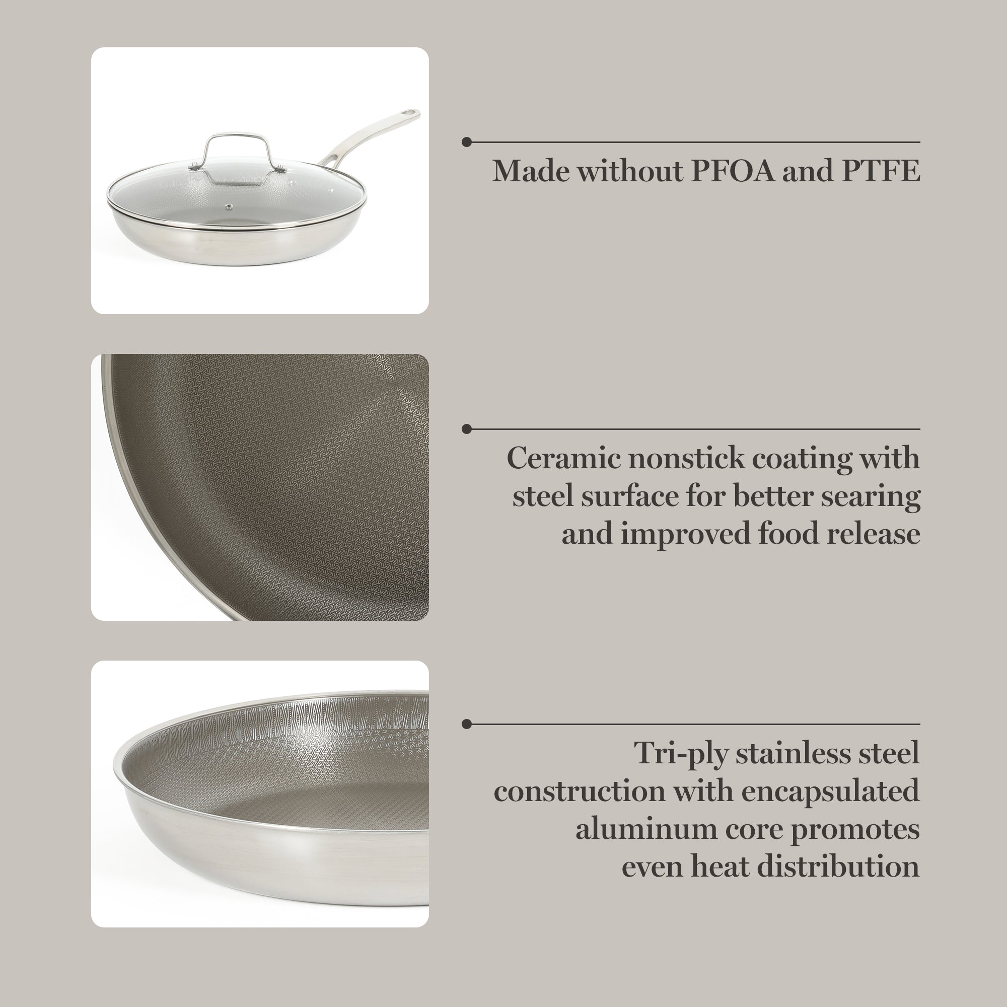 Martha Stewart Badgley Hybrid Nonstick 12 Inch TriPly Stainless Steel Large Fry Pan With Lid & Stay Cool Handle - Laser Etched Non-Toxic Nonstick Skillet - Dishwasher and Induction Safe