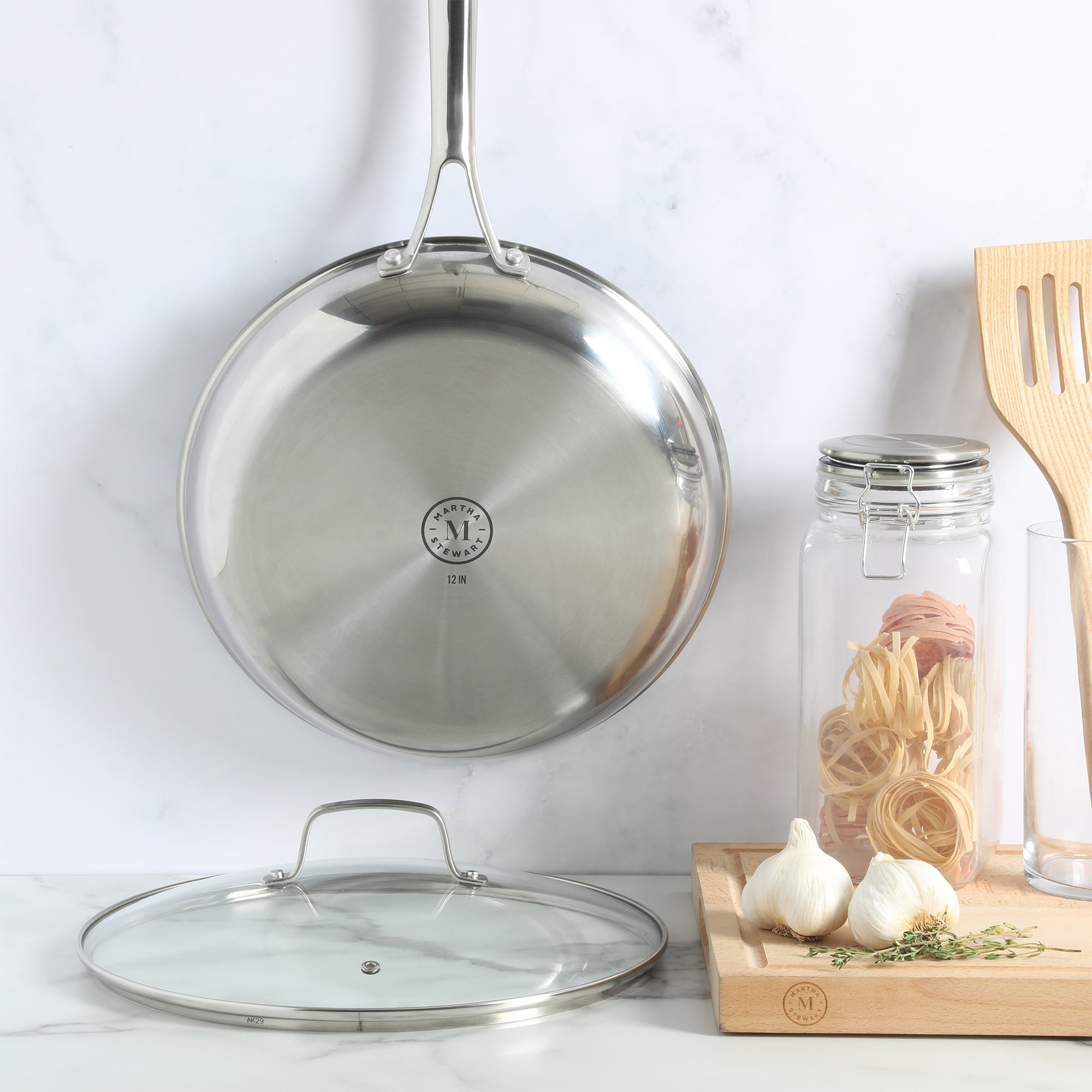 Martha Stewart Badgley Hybrid Nonstick 12 Inch TriPly Stainless Steel Large Fry Pan With Lid & Stay Cool Handle - Laser Etched Non-Toxic Nonstick Skillet - Dishwasher and Induction Safe