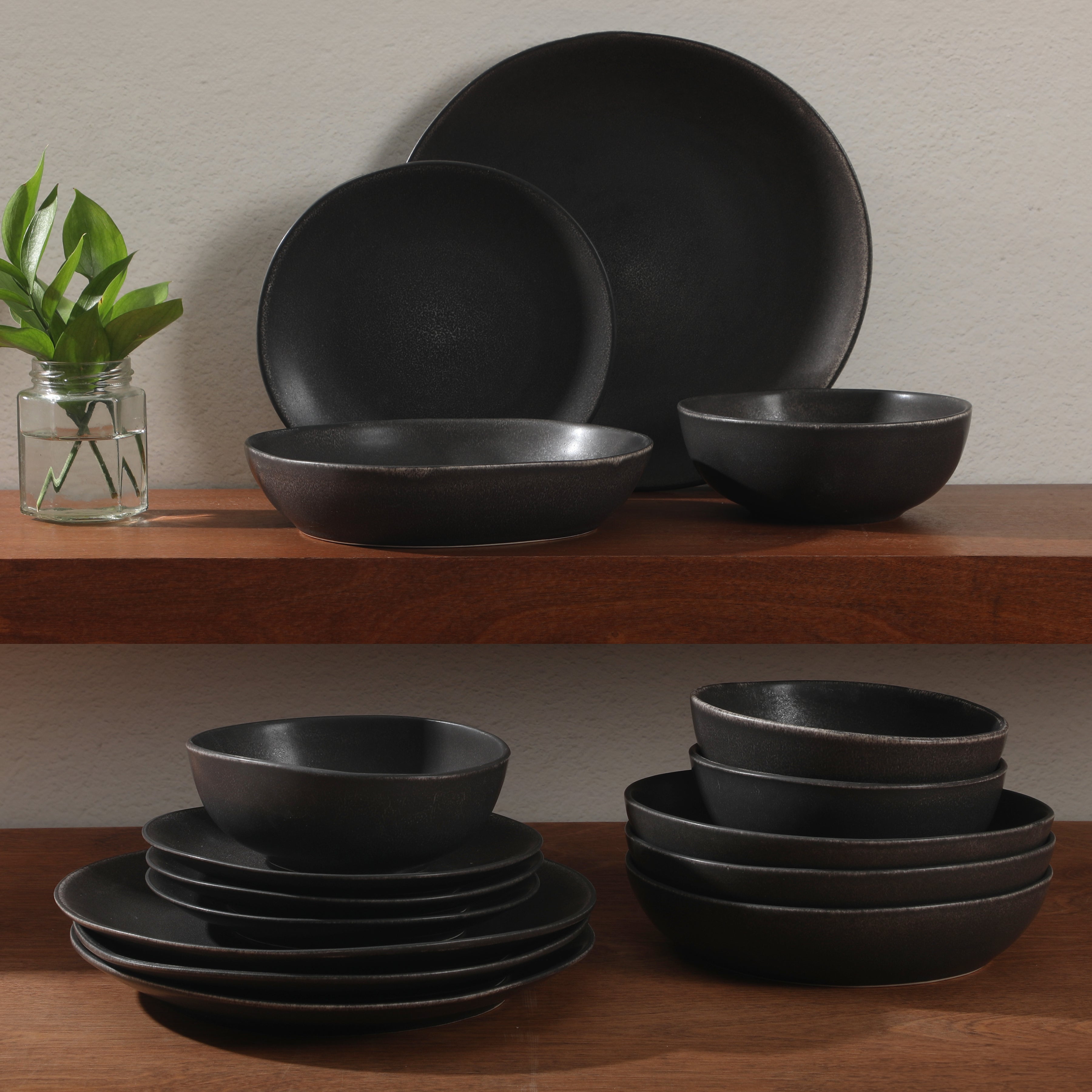 Gibson Elite Zion Mist 16 Piece Stoneware Reactive Glaze (Service for 4) Ceramic Plates and Bowls Modern Organic Dinnerware Set