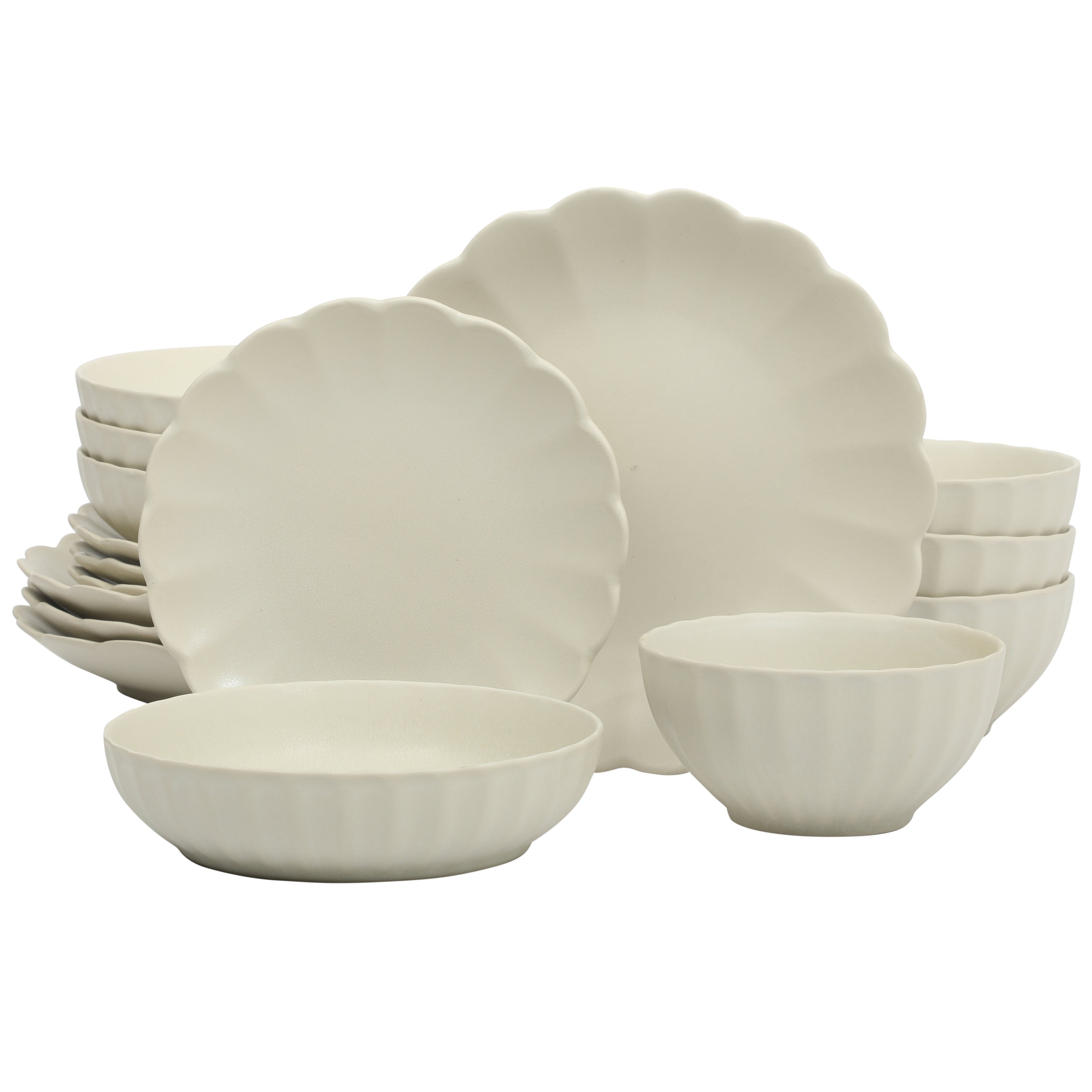 Gibson Elite Malibu Shore 16 Piece Scallop Stoneware Reactive Glaze (Service for 4) Ceramic Plates and Bowls Dinnerware Set