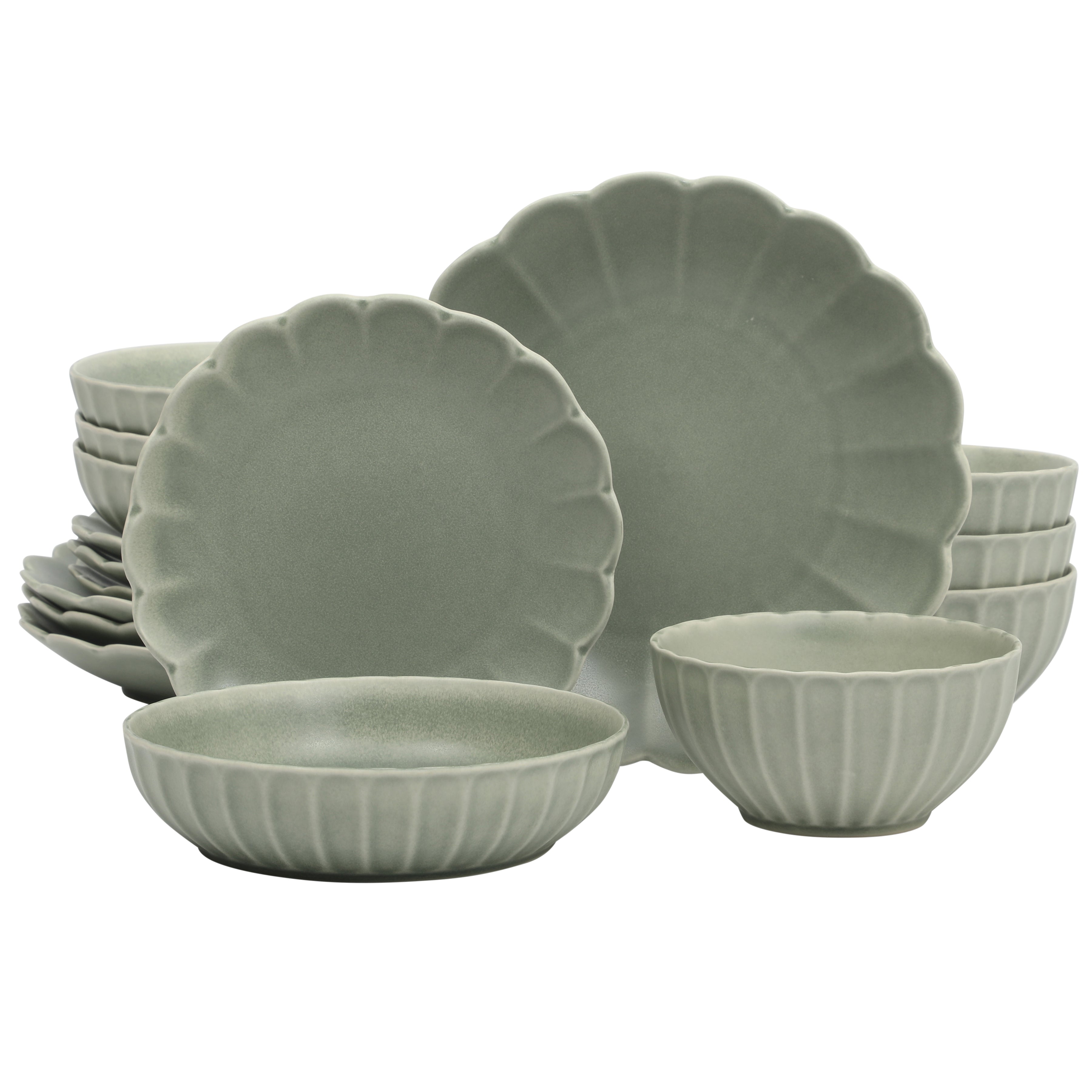 Gibson Elite Malibu Shore 16 Piece Scallop Stoneware Reactive Glaze (Service for 4) Ceramic Plates and Bowls Dinnerware Set