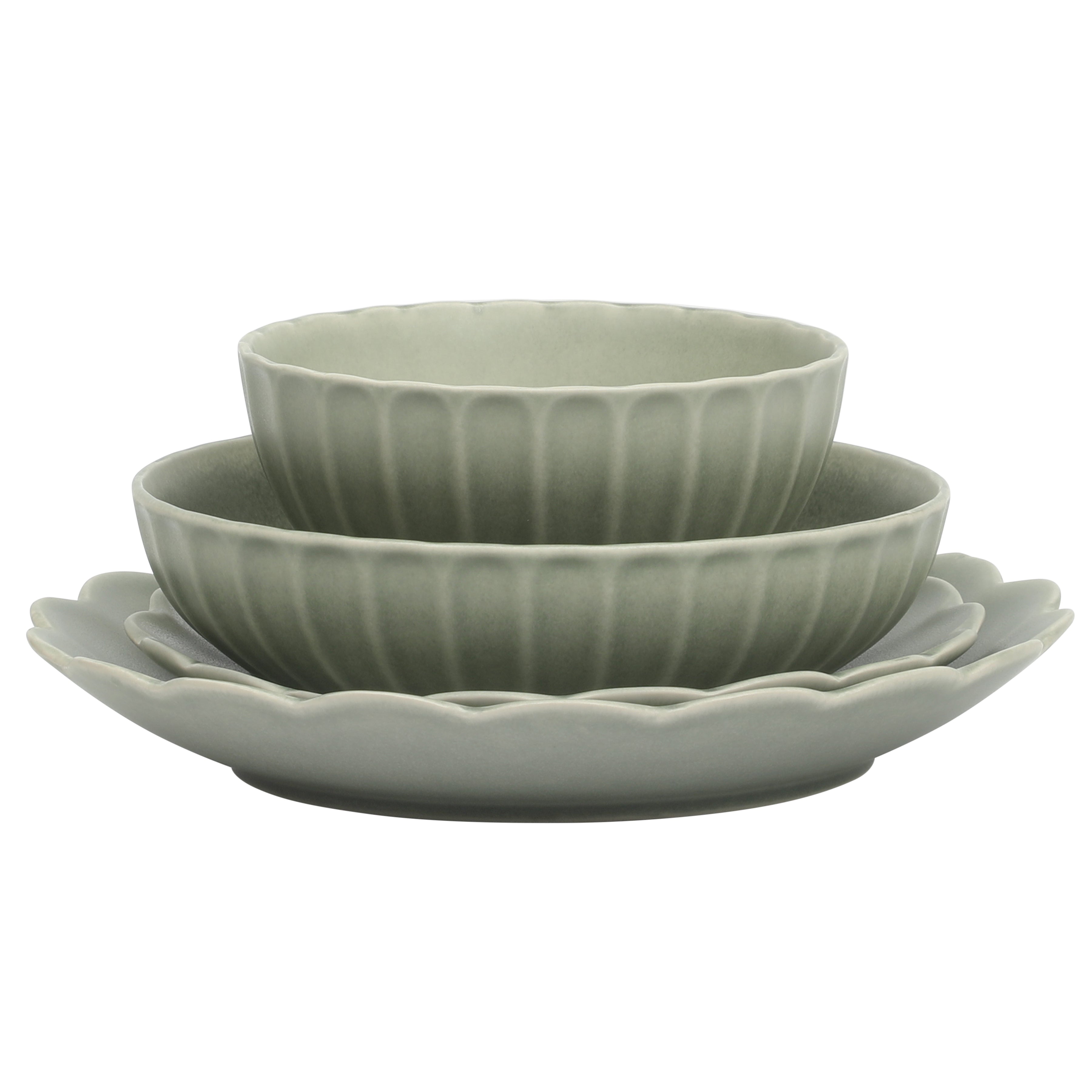 Gibson Elite Malibu Shore 16 Piece Scallop Stoneware Reactive Glaze (Service for 4) Ceramic Plates and Bowls Dinnerware Set
