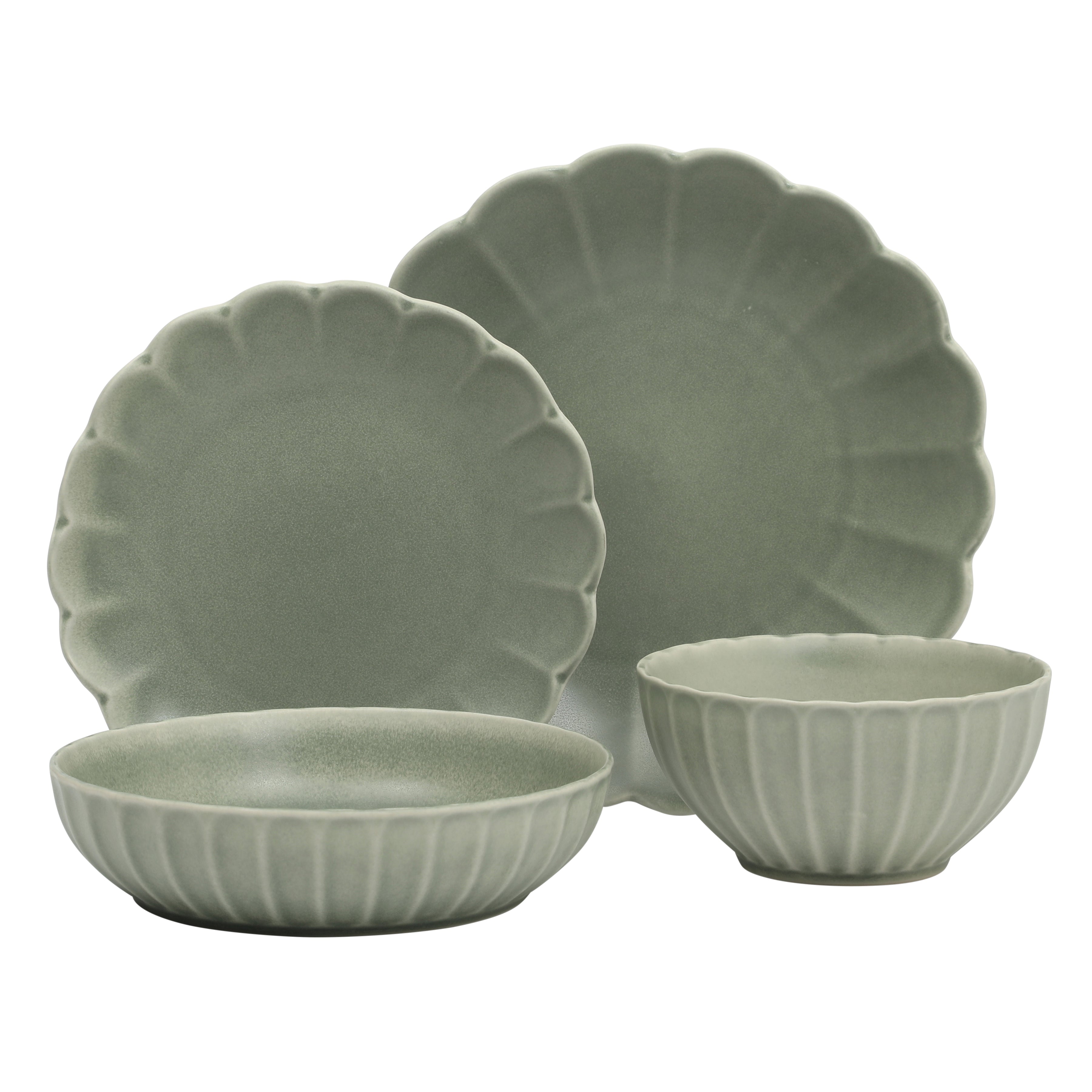 Gibson Elite Malibu Shore 16 Piece Scallop Stoneware Reactive Glaze (Service for 4) Ceramic Plates and Bowls Dinnerware Set