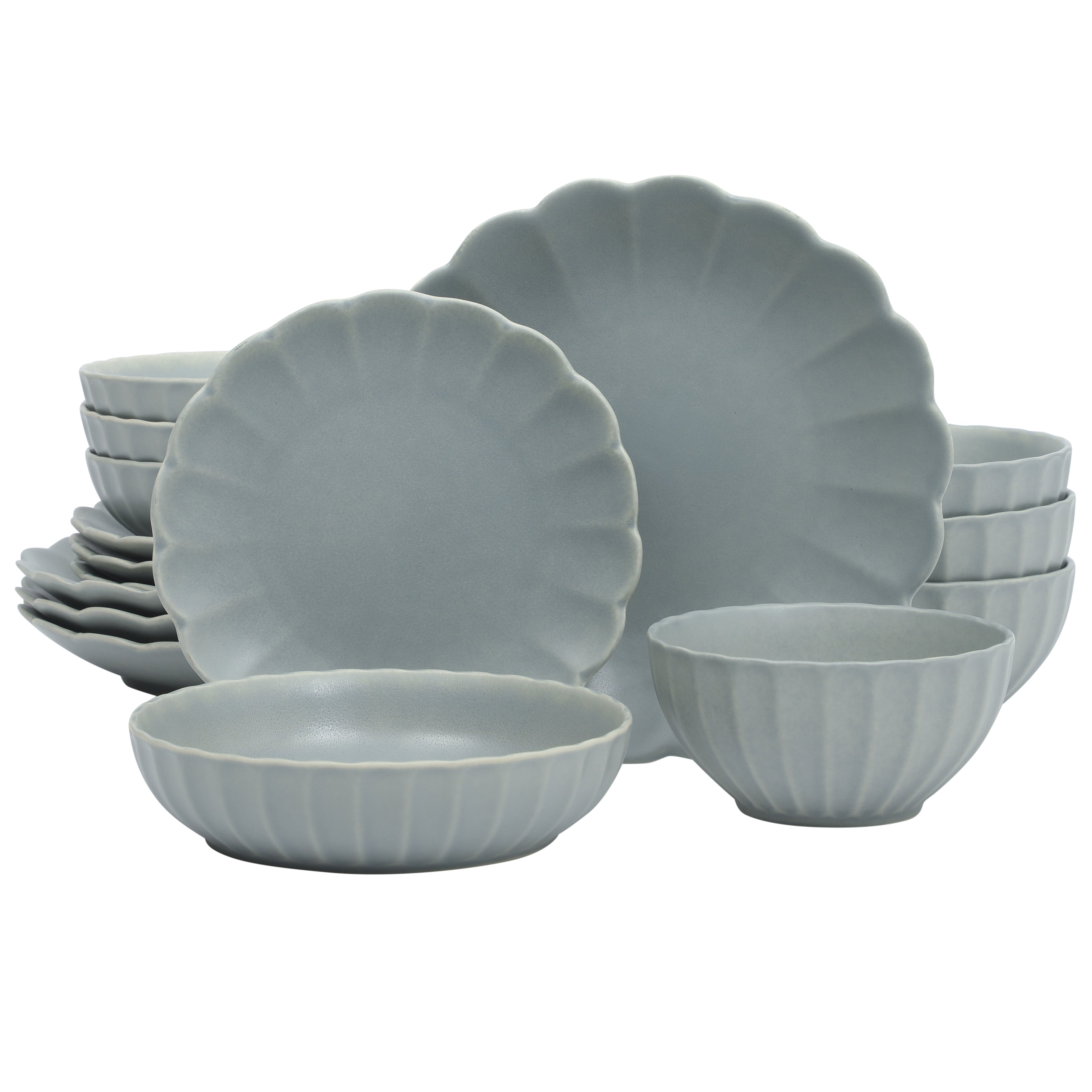Gibson Elite Malibu Shore 16 Piece Scallop Stoneware Reactive Glaze (Service for 4) Ceramic Plates and Bowls Dinnerware Set