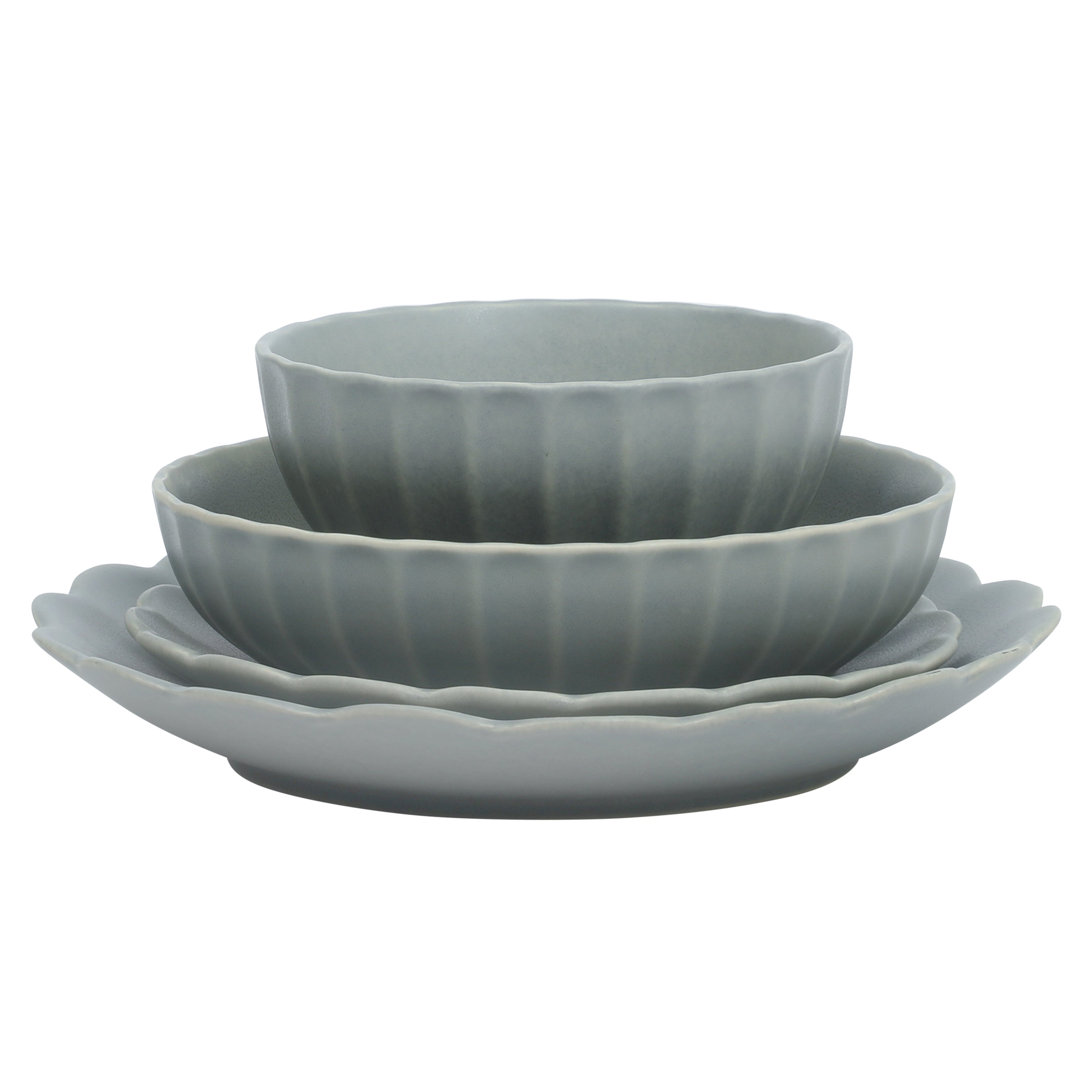 Gibson Elite Malibu Shore 16 Piece Scallop Stoneware Reactive Glaze (Service for 4) Ceramic Plates and Bowls Dinnerware Set