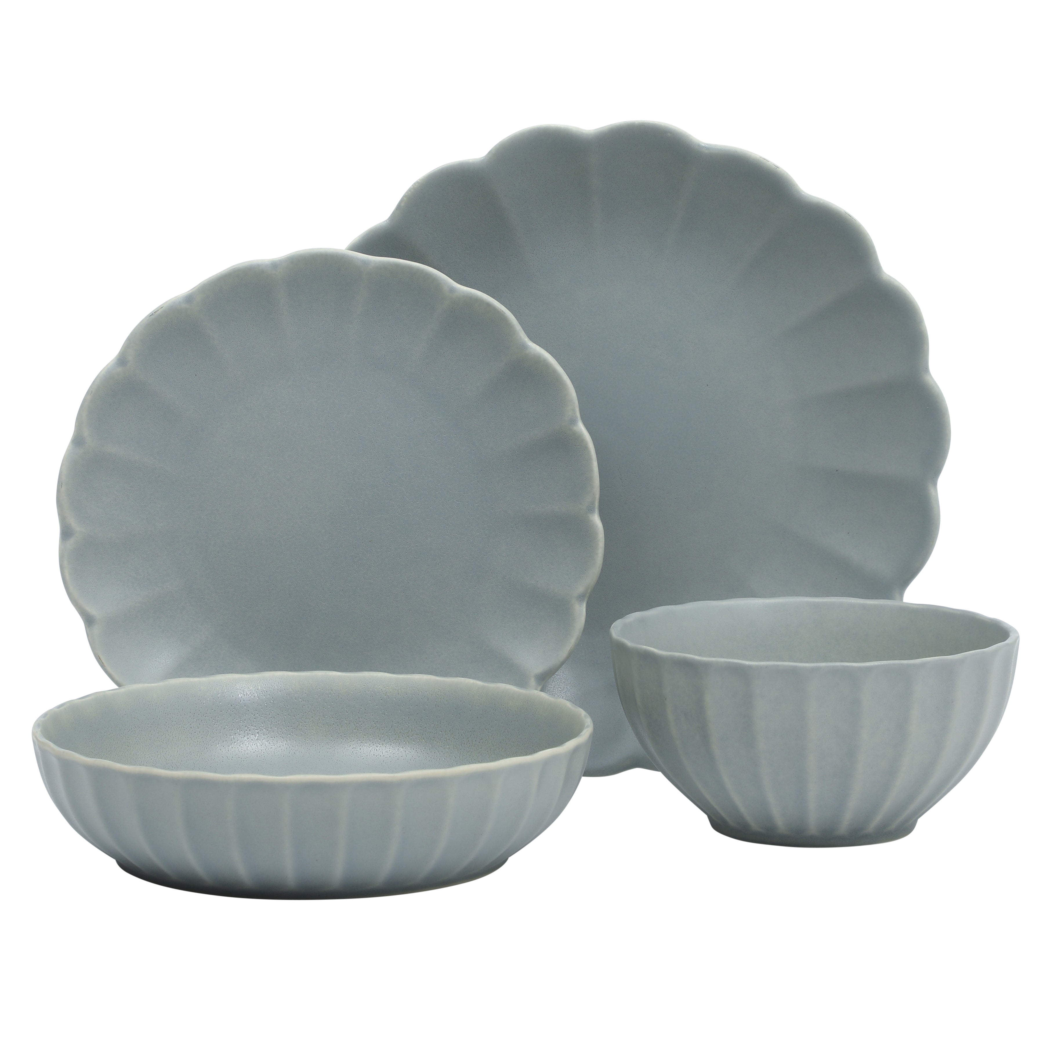 Gibson Elite Malibu Shore 16 Piece Scallop Stoneware Reactive Glaze (Service for 4) Ceramic Plates and Bowls Dinnerware Set