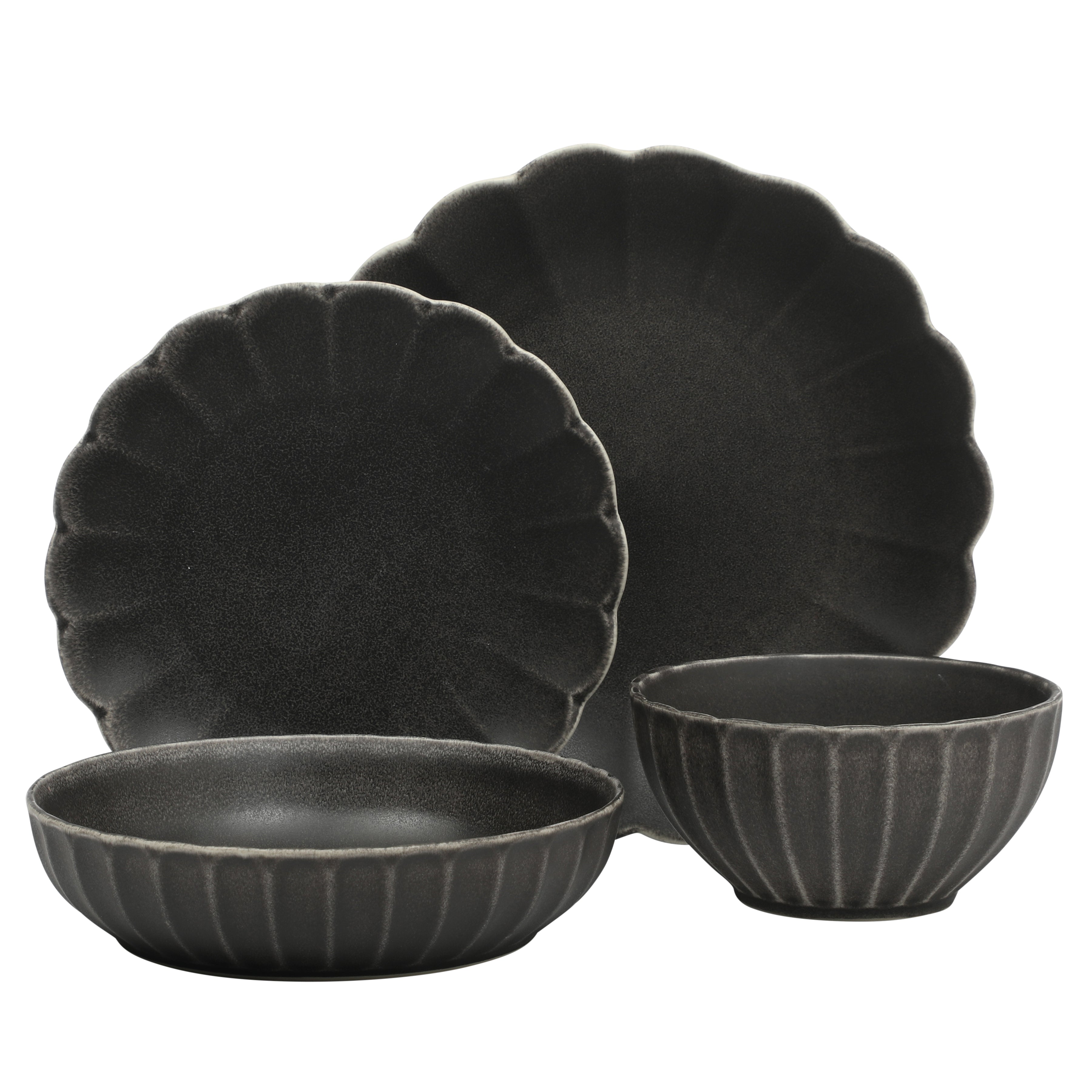 Gibson Elite Malibu Shore 16 Piece Scallop Stoneware Reactive Glaze (Service for 4) Ceramic Plates and Bowls Dinnerware Set