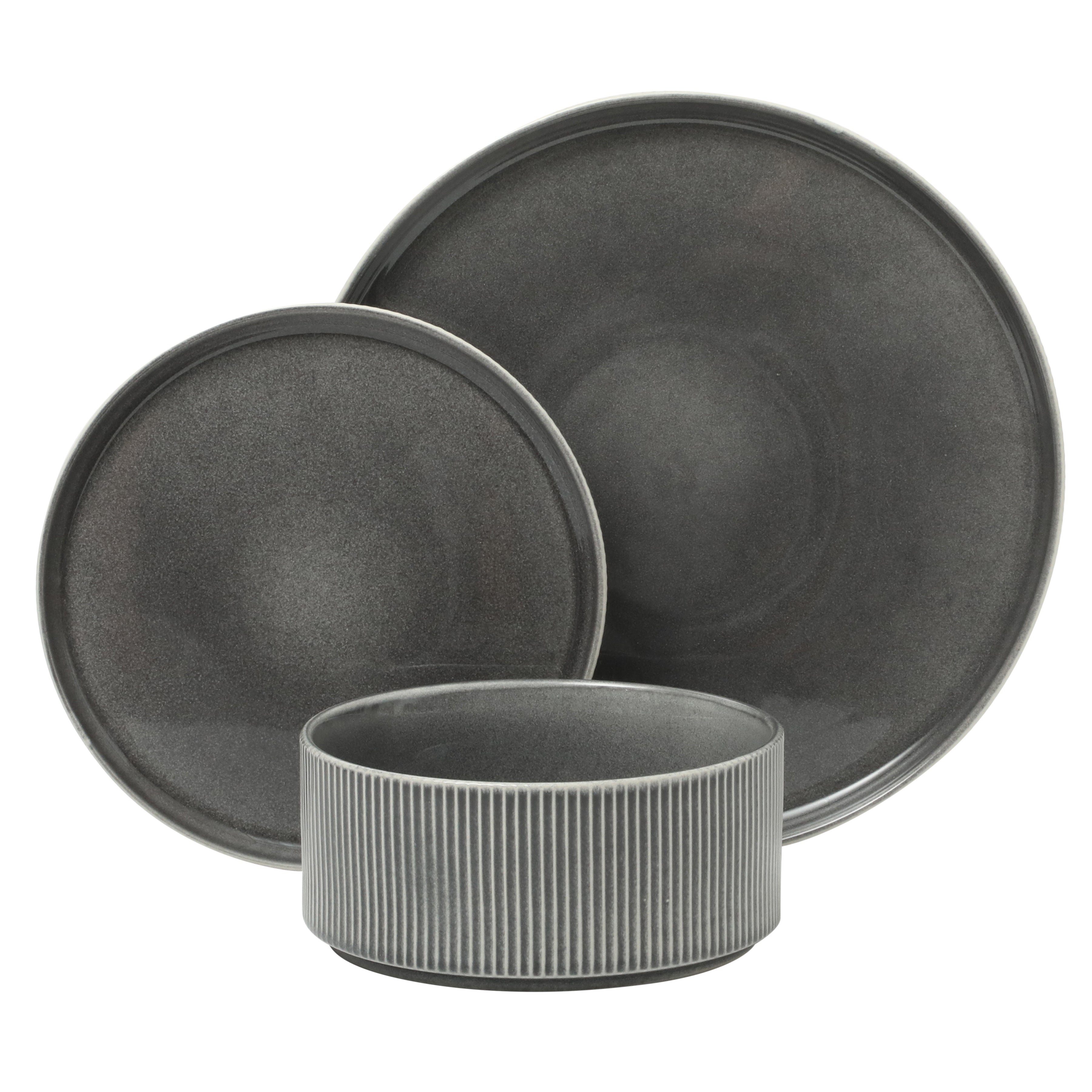 Gibson Elite Solana Coast 12 Piece Stoneware Reactive Glaze (Service for 4) Ceramic Plates and Bowls Modern Shape Embossed Dinnerware Set
