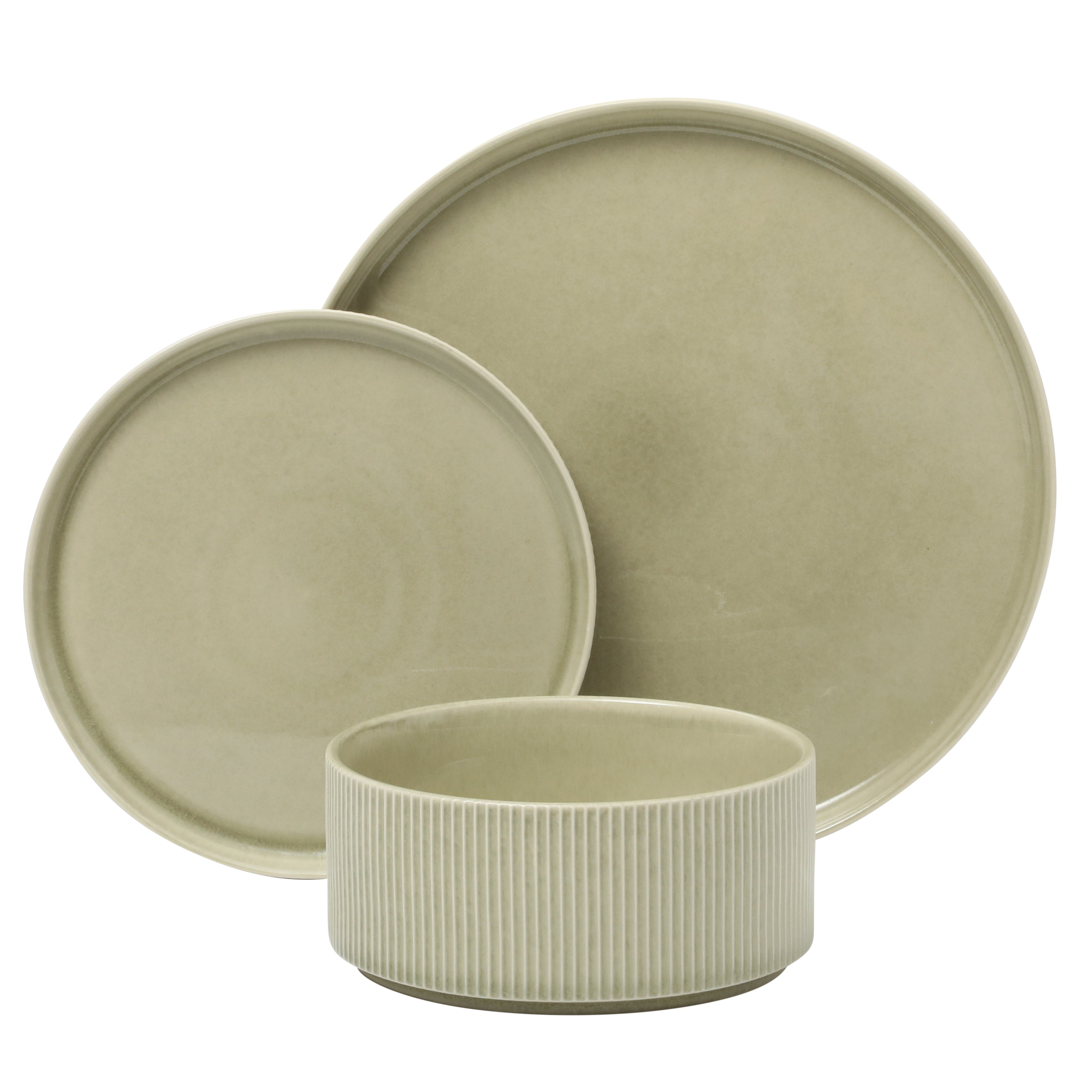 Gibson Elite Solana Coast 12 Piece Stoneware Reactive Glaze (Service for 4) Ceramic Plates and Bowls Modern Shape Embossed Dinnerware Set