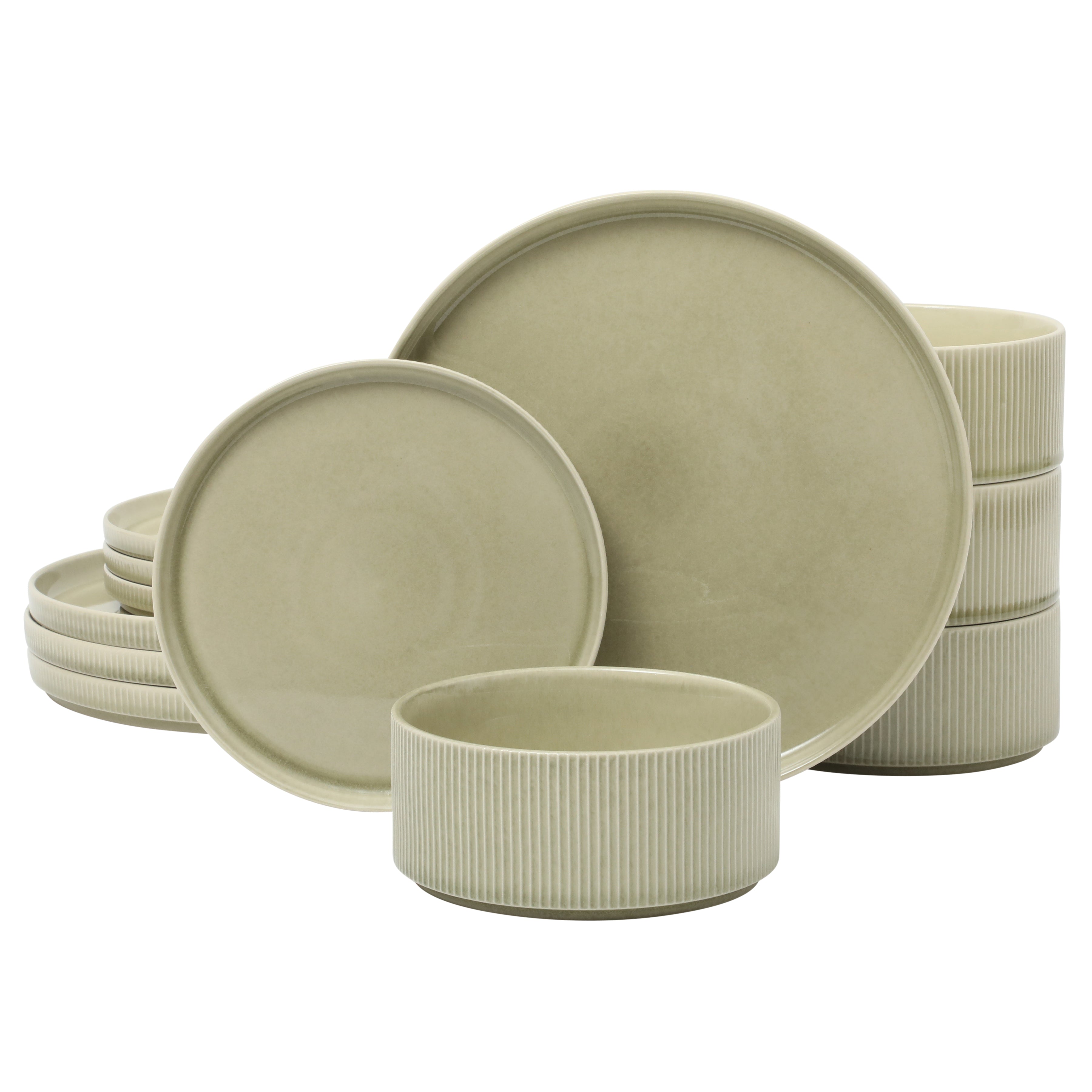 Gibson Elite Solana Coast 12 Piece Stoneware Reactive Glaze (Service for 4) Ceramic Plates and Bowls Modern Shape Embossed Dinnerware Set