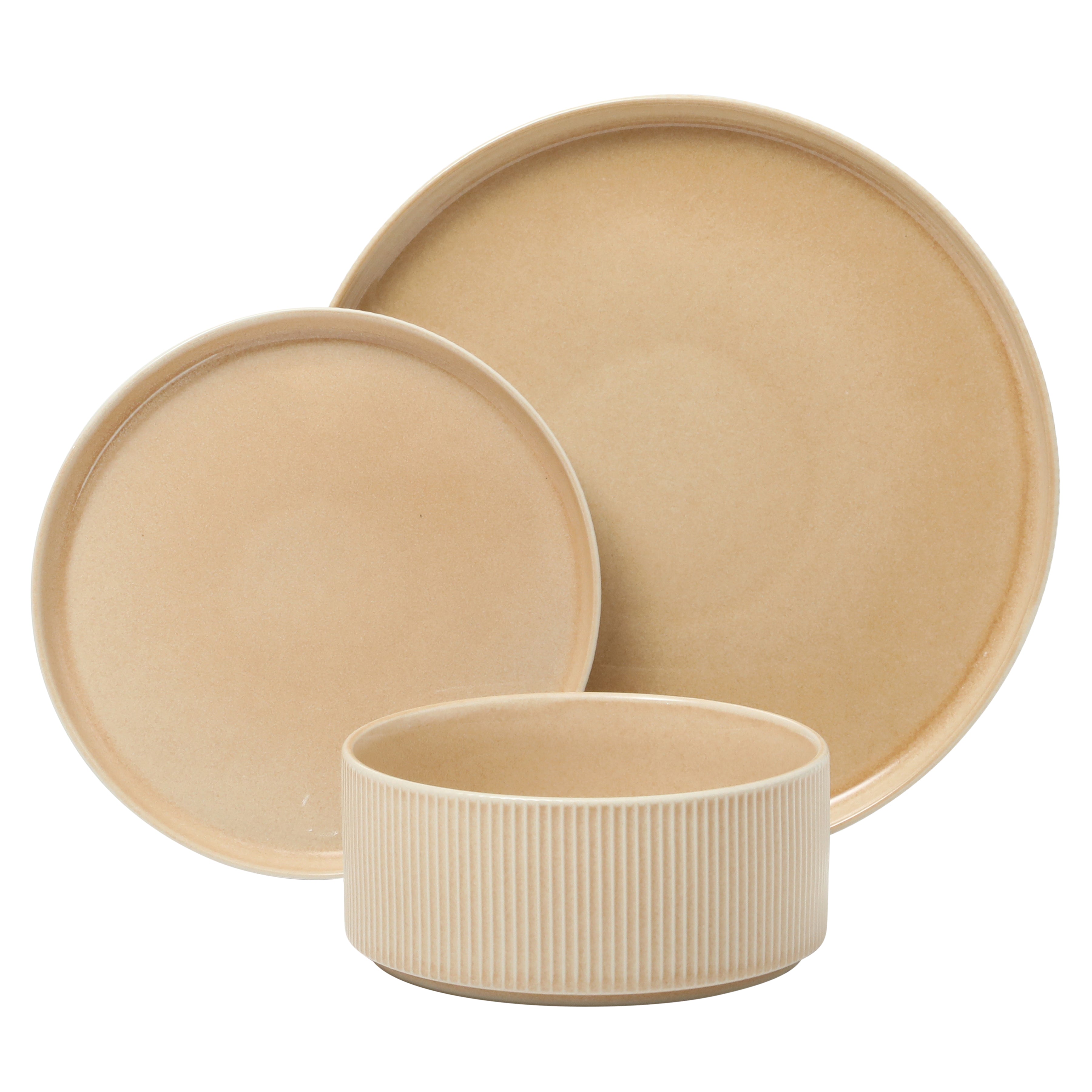 Gibson Elite Solana Coast 12 Piece Stoneware Reactive Glaze (Service for 4) Ceramic Plates and Bowls Modern Shape Embossed Dinnerware Set