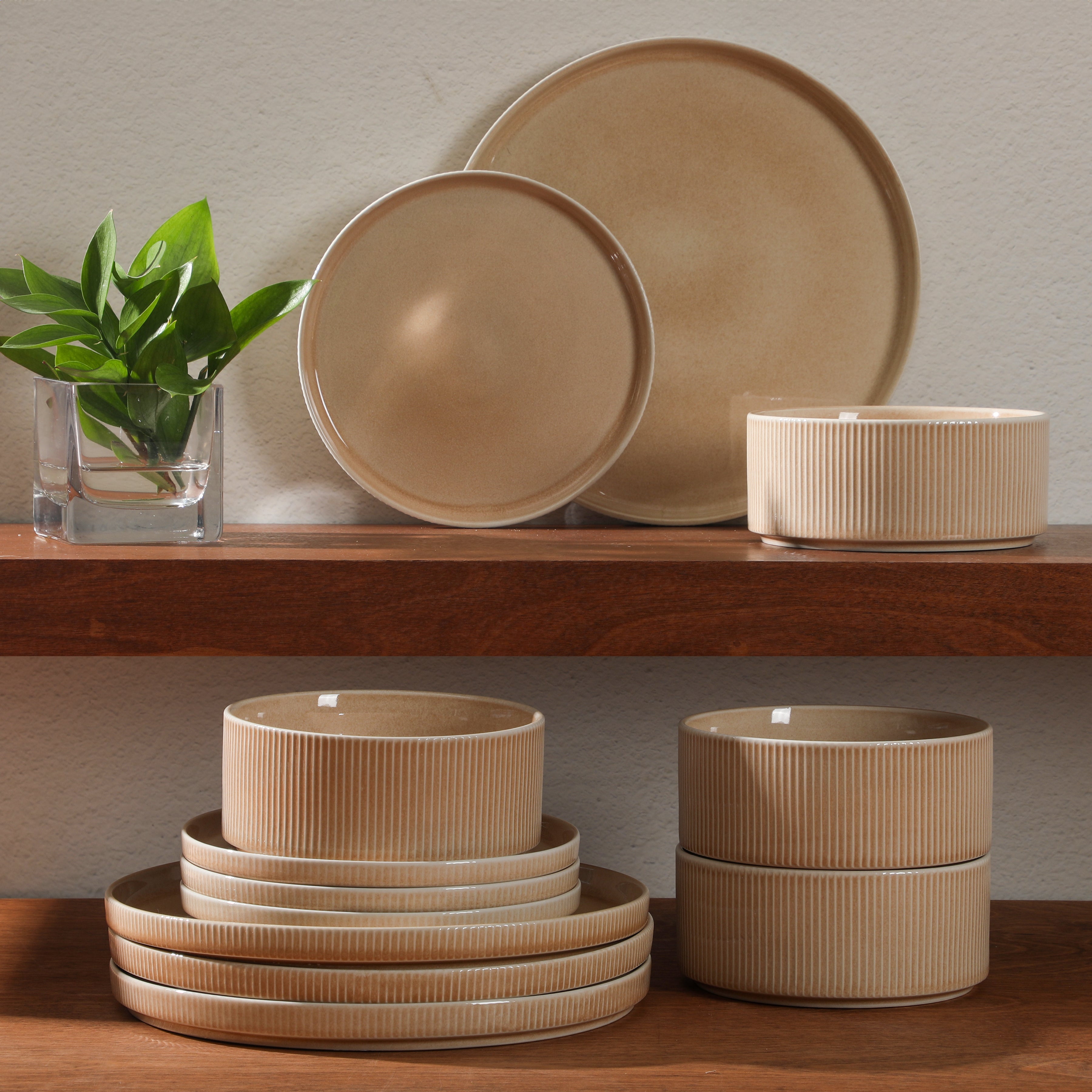 Gibson Elite Solana Coast 12 Piece Stoneware Reactive Glaze (Service for 4) Ceramic Plates and Bowls Modern Shape Embossed Dinnerware Set