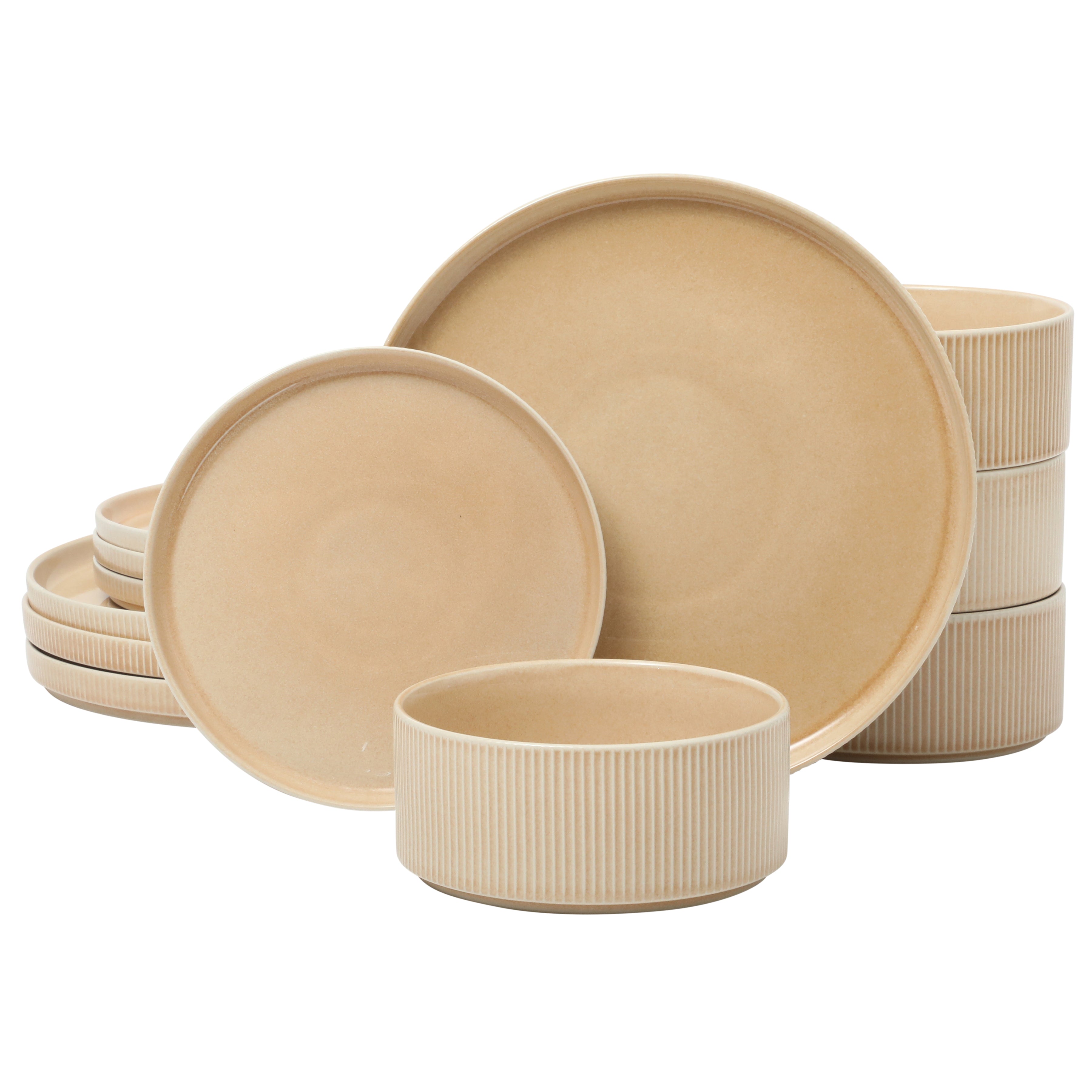 Gibson Elite Solana Coast 12 Piece Stoneware Reactive Glaze (Service for 4) Ceramic Plates and Bowls Modern Shape Embossed Dinnerware Set