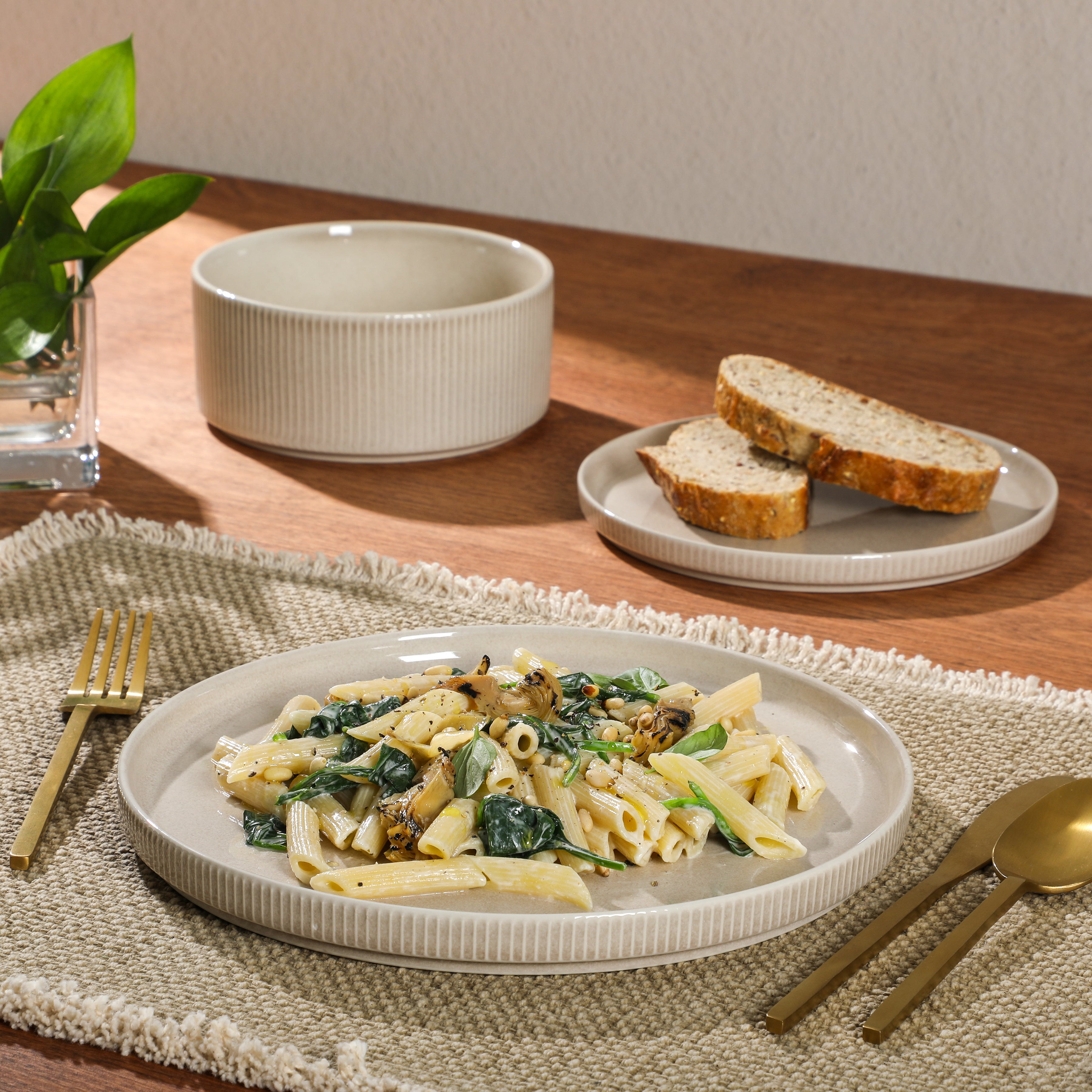 Gibson Elite Solana Coast 12 Piece Stoneware Reactive Glaze (Service for 4) Ceramic Plates and Bowls Modern Shape Embossed Dinnerware Set