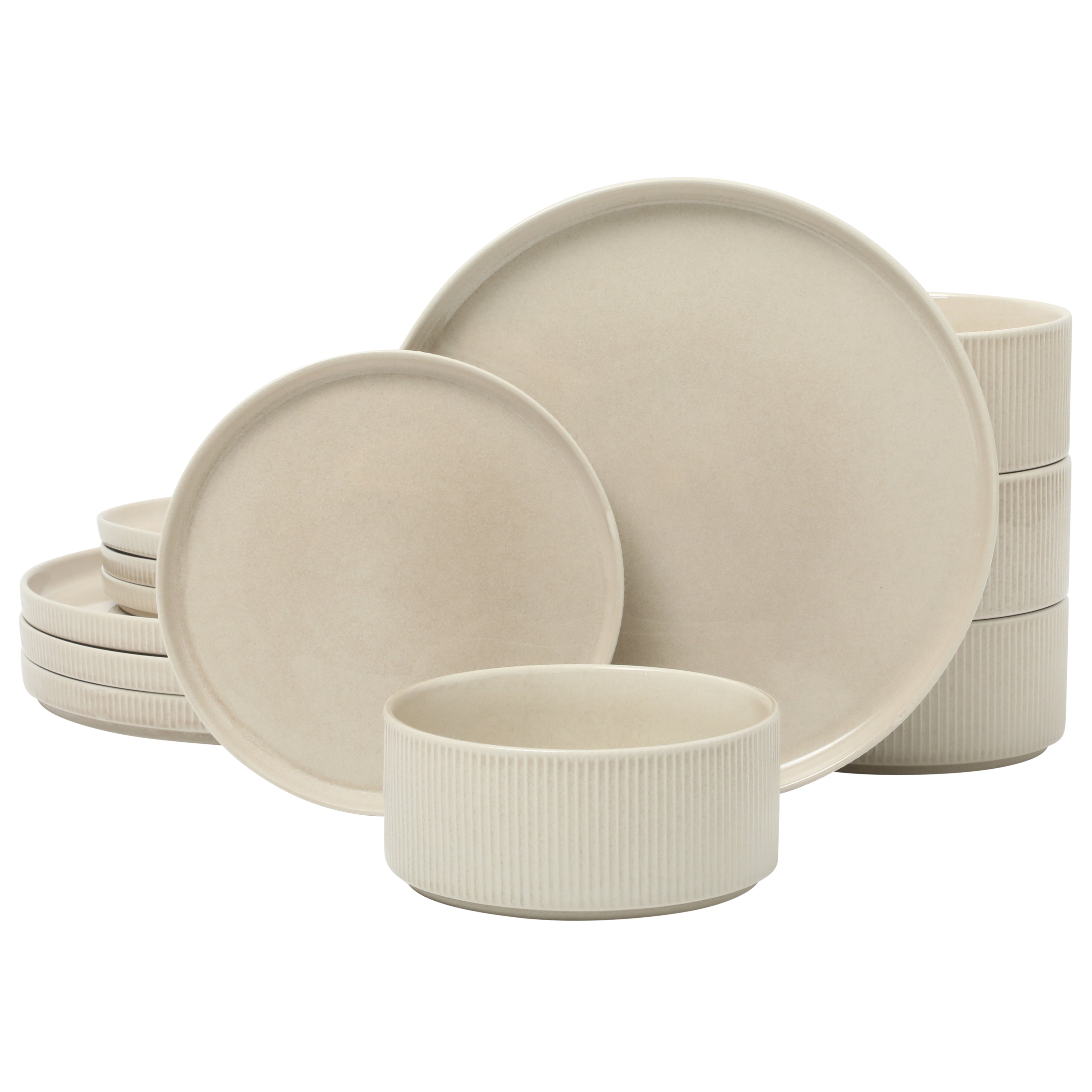 Gibson Elite Solana Coast 12 Piece Stoneware Reactive Glaze (Service for 4) Ceramic Plates and Bowls Modern Shape Embossed Dinnerware Set