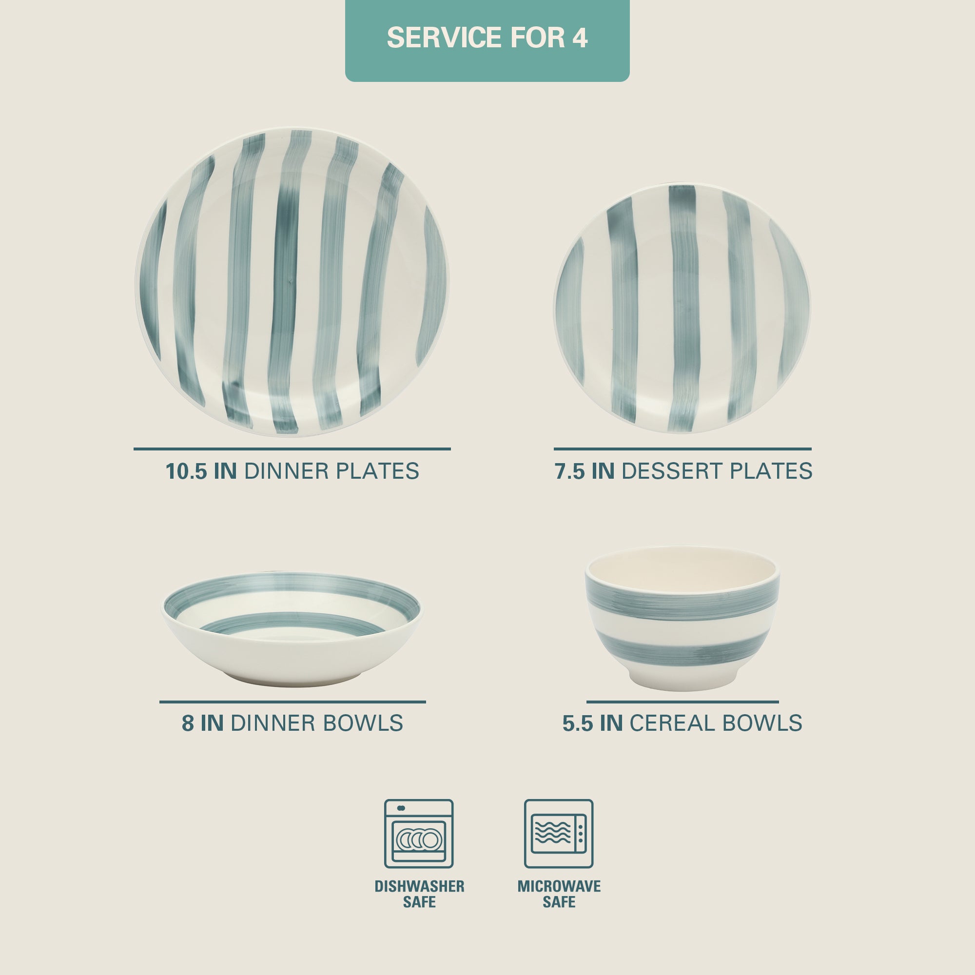 Gibson Home Kenwood Shores 16 Piece Dinnerware Set, Striped, Stoneware, Hand-Painted Plates and Bowls, Service for 4, Microwave & Dishwasher Safe