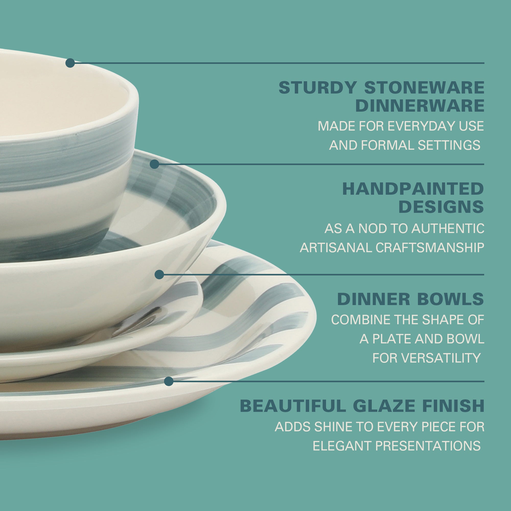 Gibson Home Kenwood Shores 16 Piece Dinnerware Set, Striped, Stoneware, Hand-Painted Plates and Bowls, Service for 4, Microwave & Dishwasher Safe