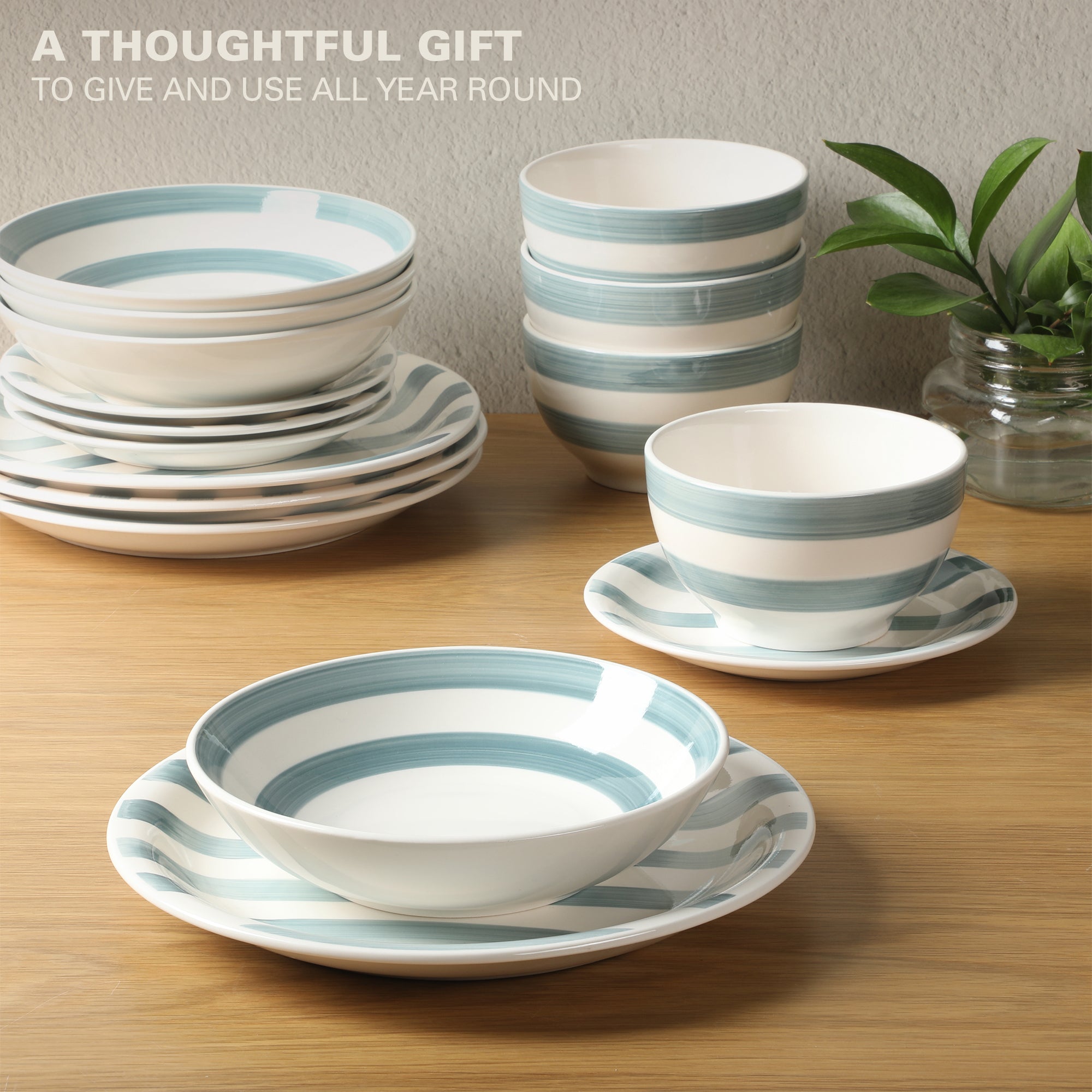 Gibson Home Kenwood Shores 16 Piece Dinnerware Set, Striped, Stoneware, Hand-Painted Plates and Bowls, Service for 4, Microwave & Dishwasher Safe