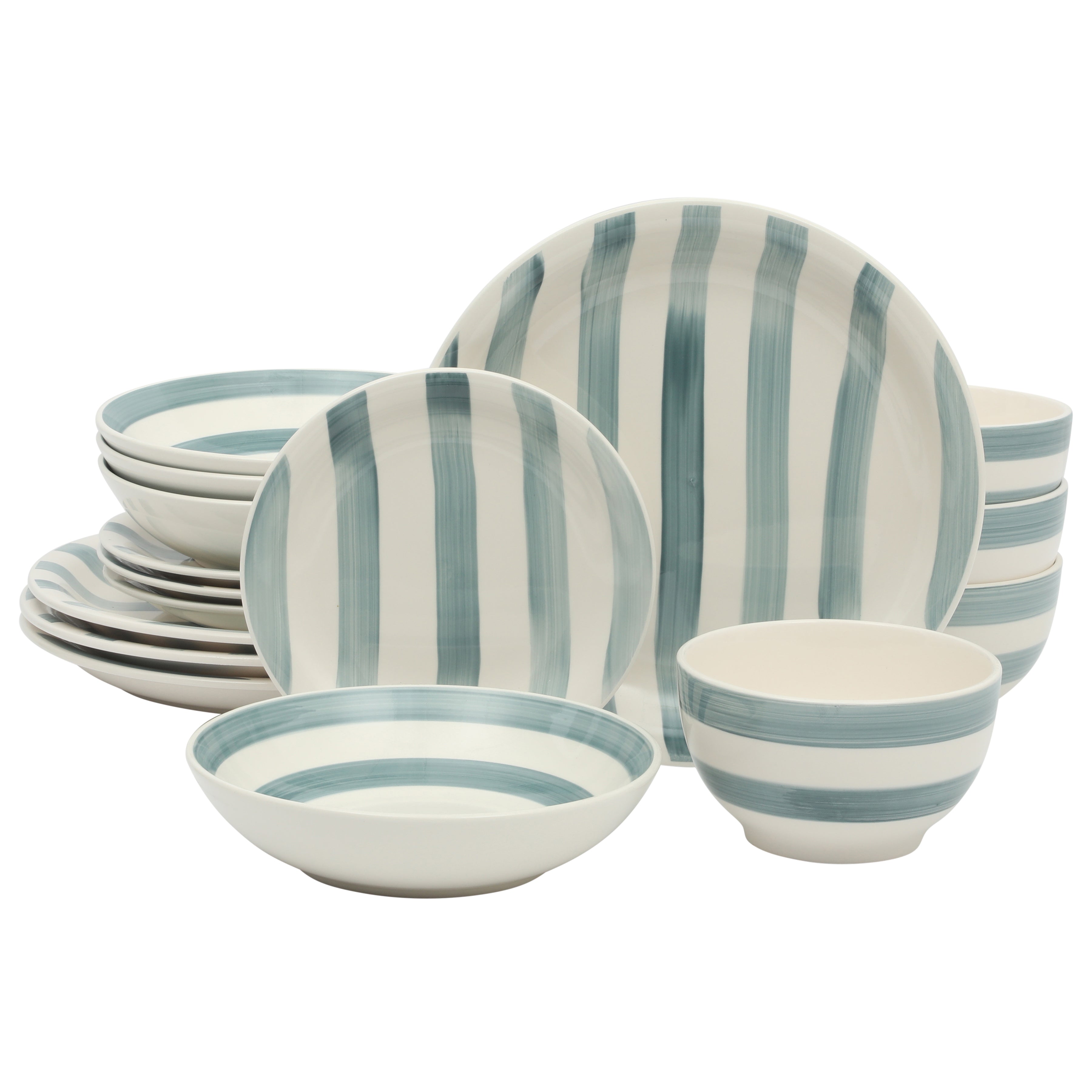 Gibson Home Kenwood Shores 16 Piece Dinnerware Set, Striped, Stoneware, Hand-Painted Plates and Bowls, Service for 4, Microwave & Dishwasher Safe