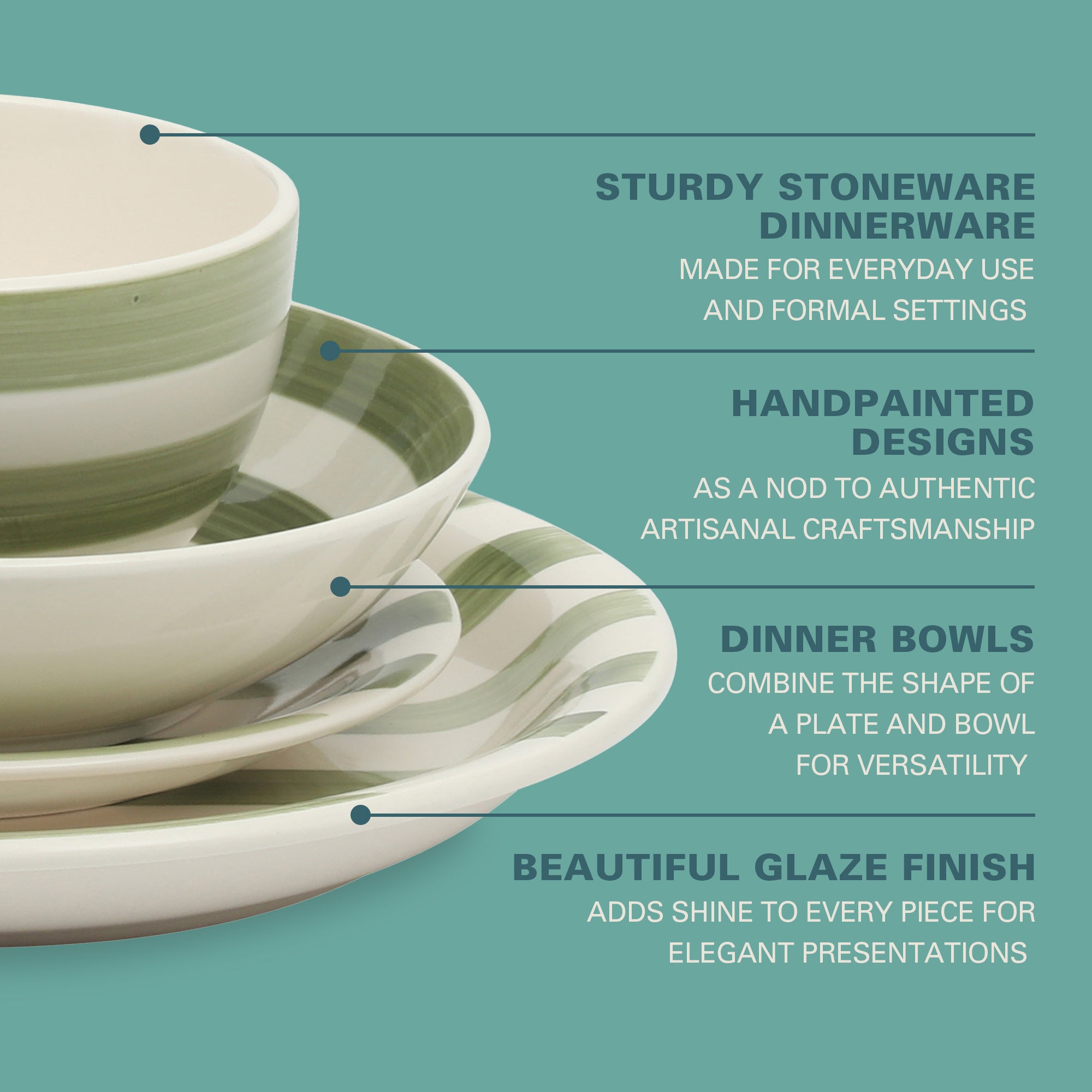 Gibson Home Kenwood Shores 16 Piece Dinnerware Set, Striped, Stoneware, Hand-Painted Plates and Bowls, Service for 4, Microwave & Dishwasher Safe