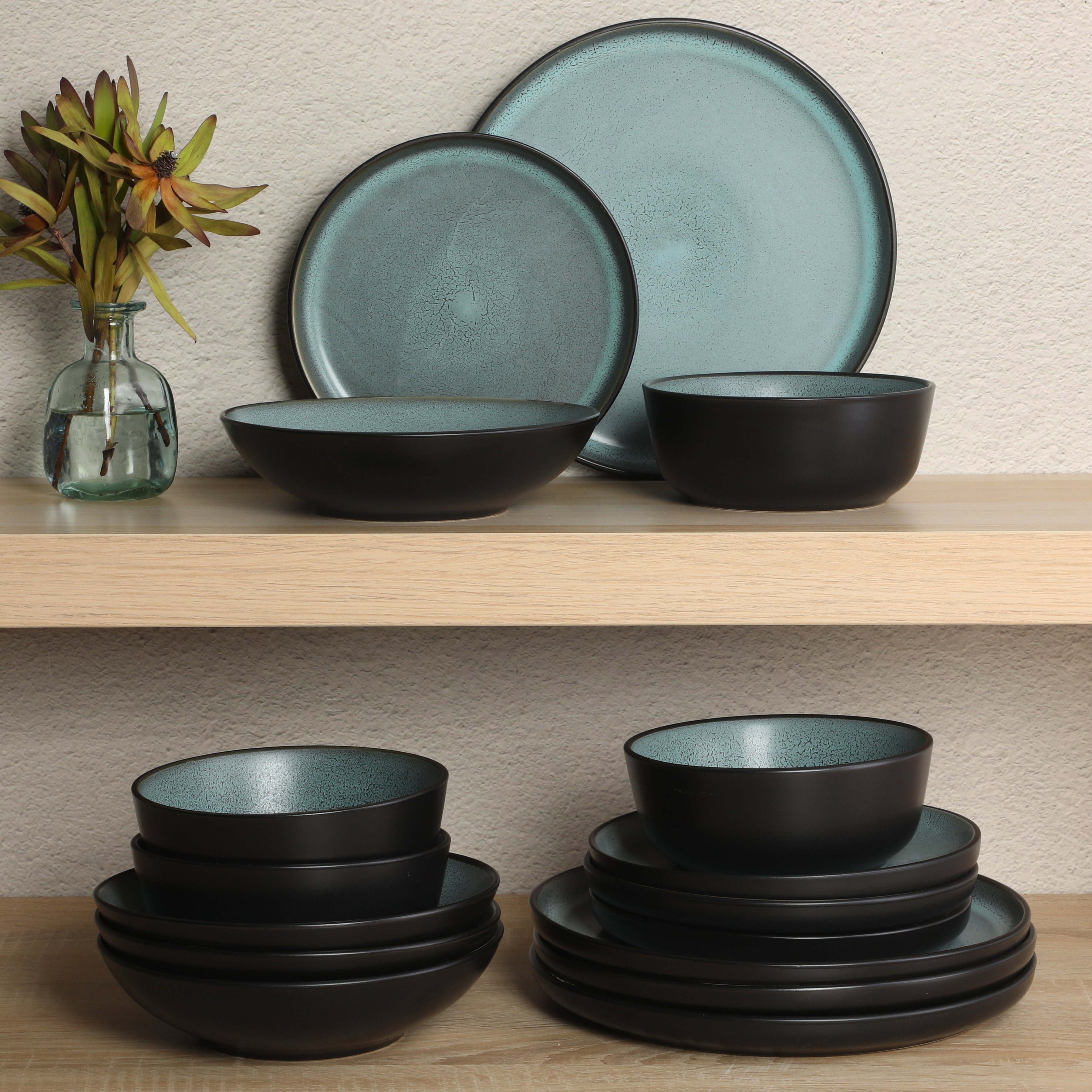 Gibson Elite Tribeca Loft 16-Piece Dinnerware Set – Matte Reactive Glaze Stoneware, Double Bowl Round Plates and Bowls – Modern Rustic Tableware for 4, Dishwasher & Microwave Safe