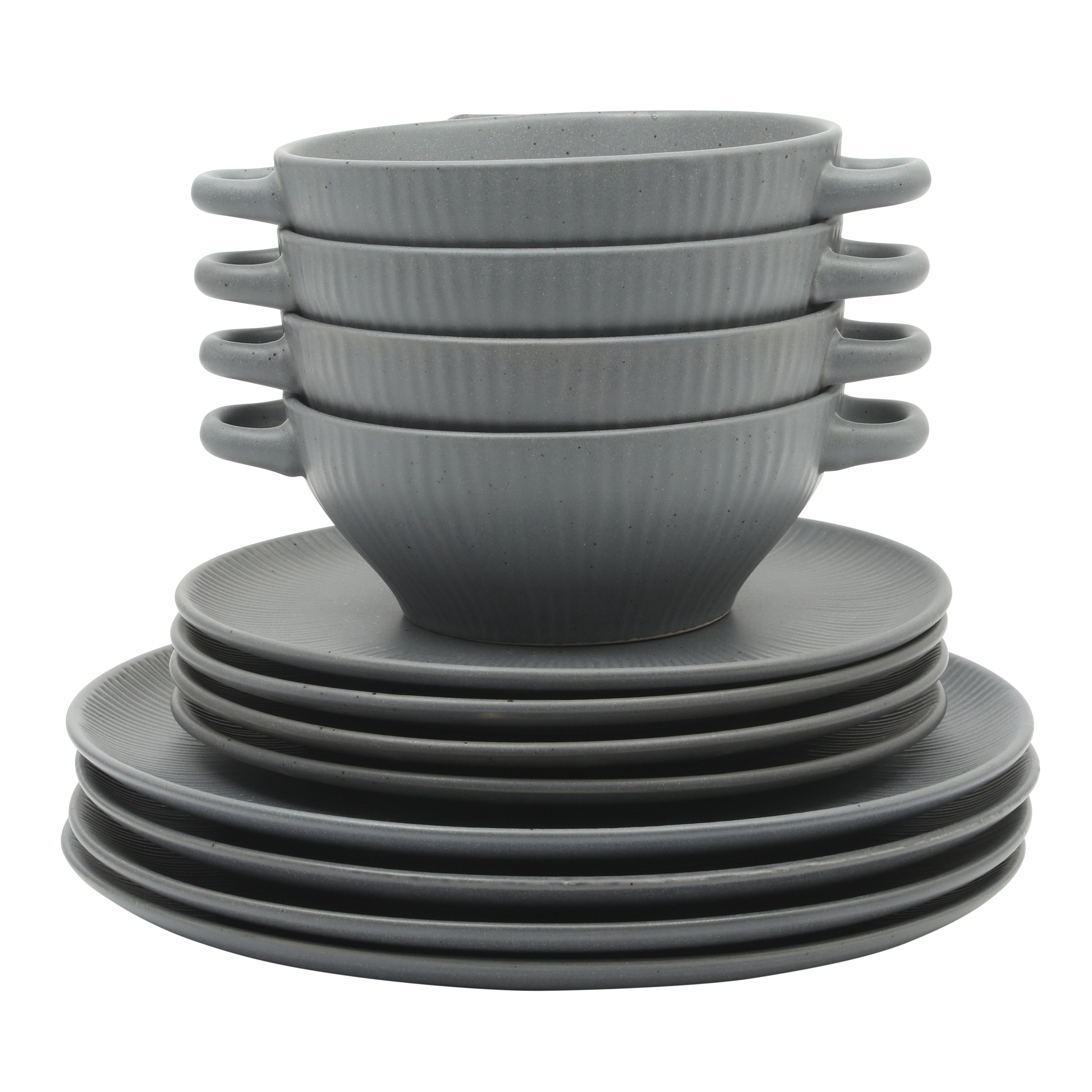 Gibson Elite Clover Hill 12-Piece Stoneware Dinnerware Set – Embossed Plates and Bowls with Matte Speckled Reactive Glaze, Service for 4 – Microwave & Dishwasher Safe