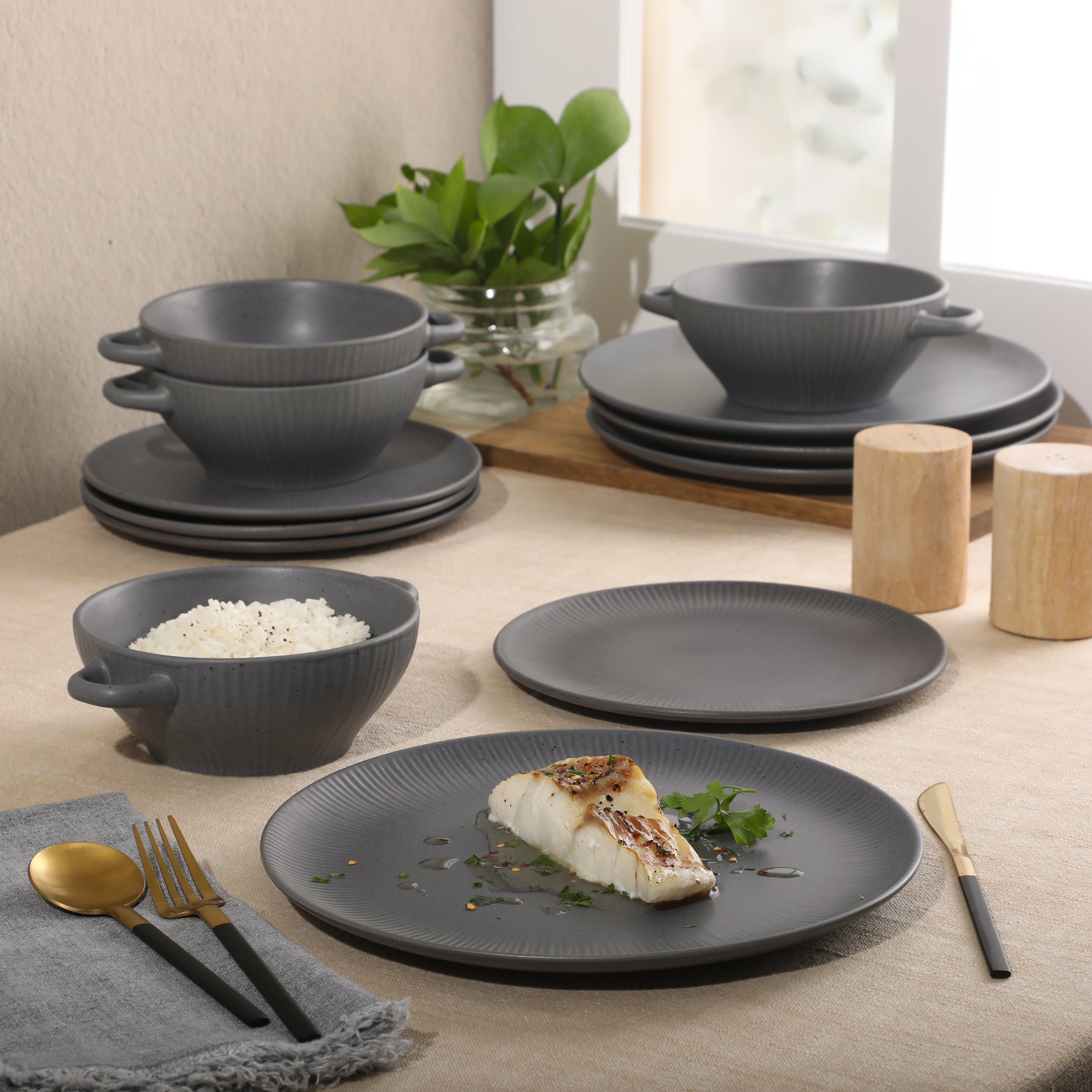 Gibson Elite Clover Hill 12-Piece Stoneware Dinnerware Set – Embossed Plates and Bowls with Matte Speckled Reactive Glaze, Service for 4 – Microwave & Dishwasher Safe