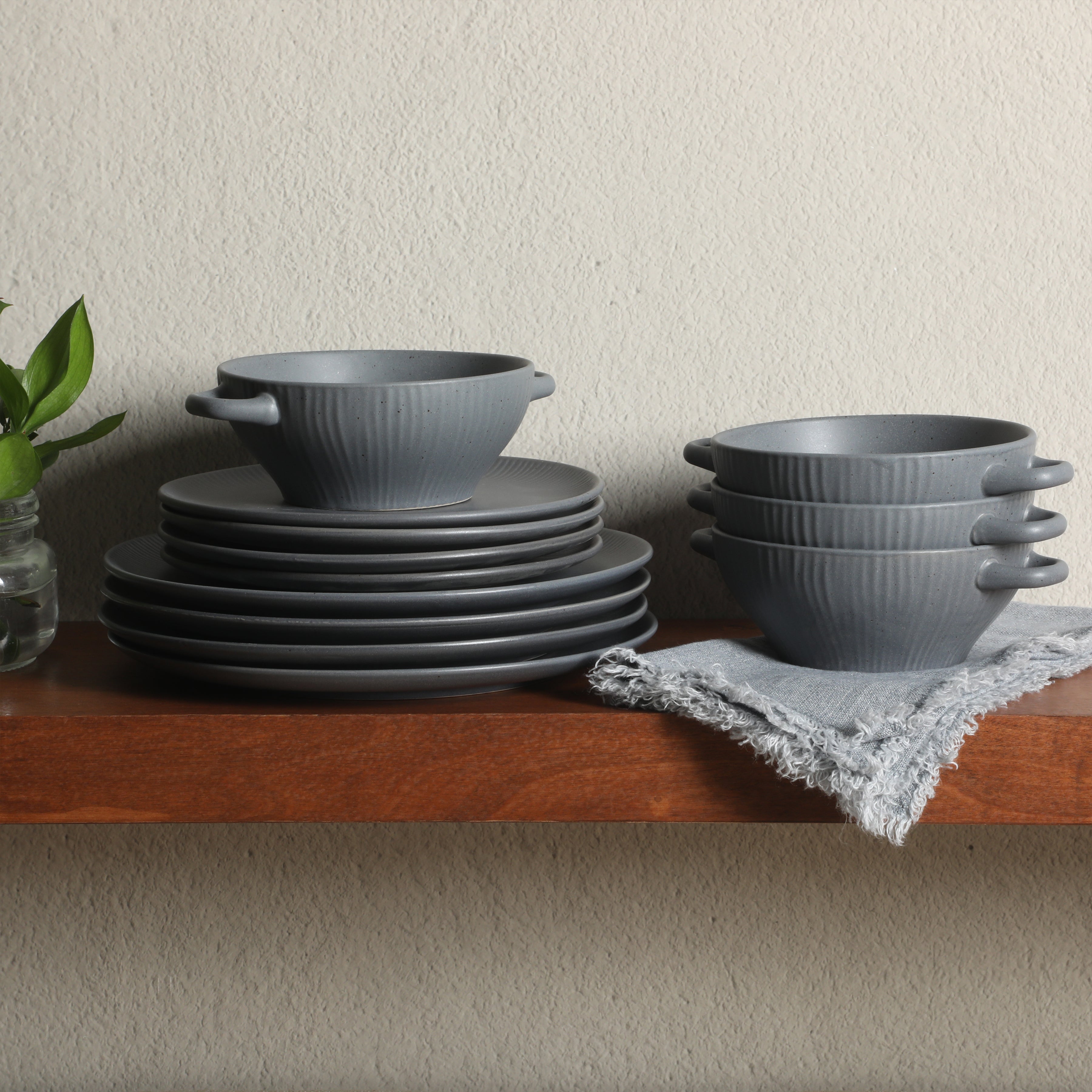 Gibson Elite Clover Hill 12-Piece Stoneware Dinnerware Set – Embossed Plates and Bowls with Matte Speckled Reactive Glaze, Service for 4 – Microwave & Dishwasher Safe