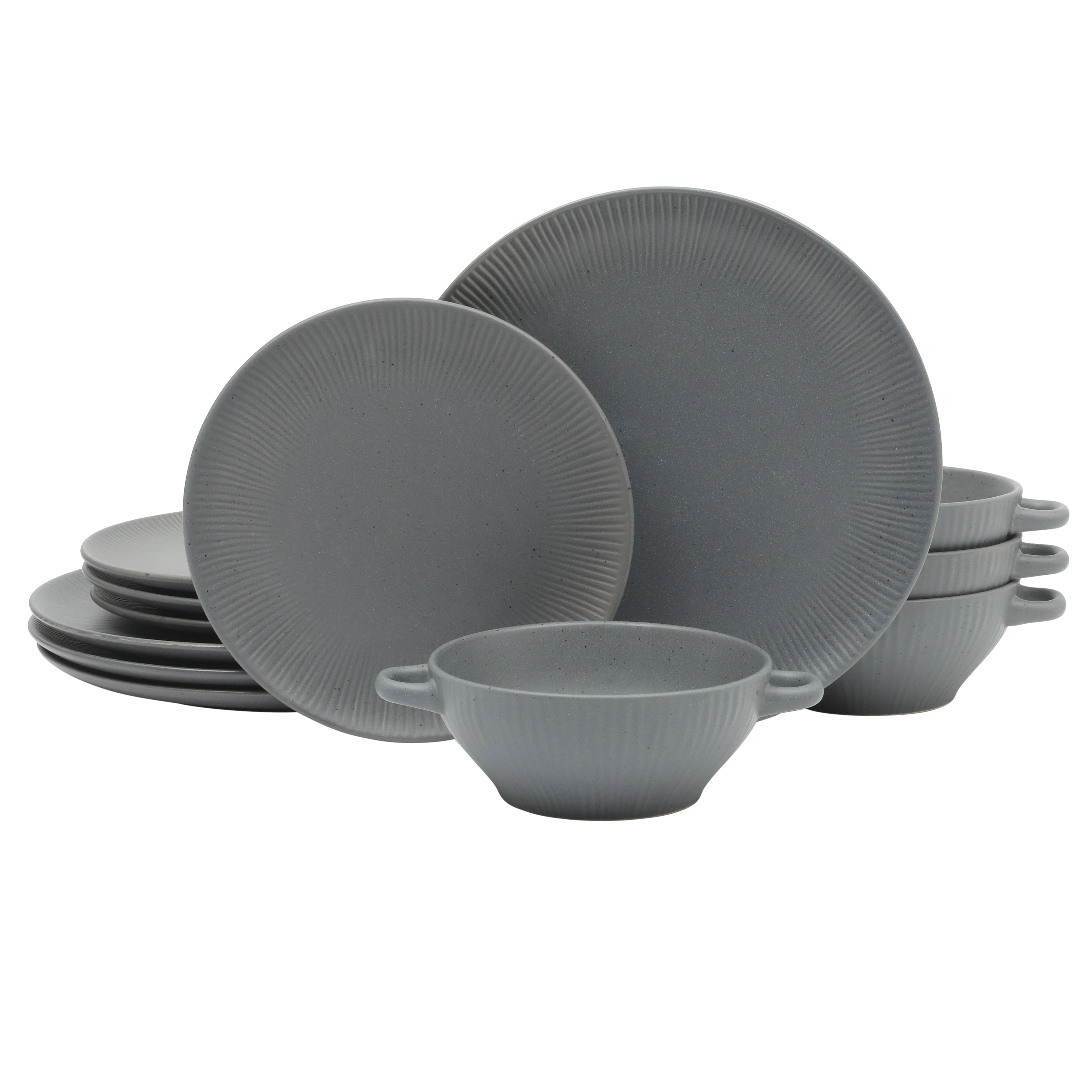Gibson Elite Clover Hill 12-Piece Stoneware Dinnerware Set – Embossed Plates and Bowls with Matte Speckled Reactive Glaze, Service for 4 – Microwave & Dishwasher Safe