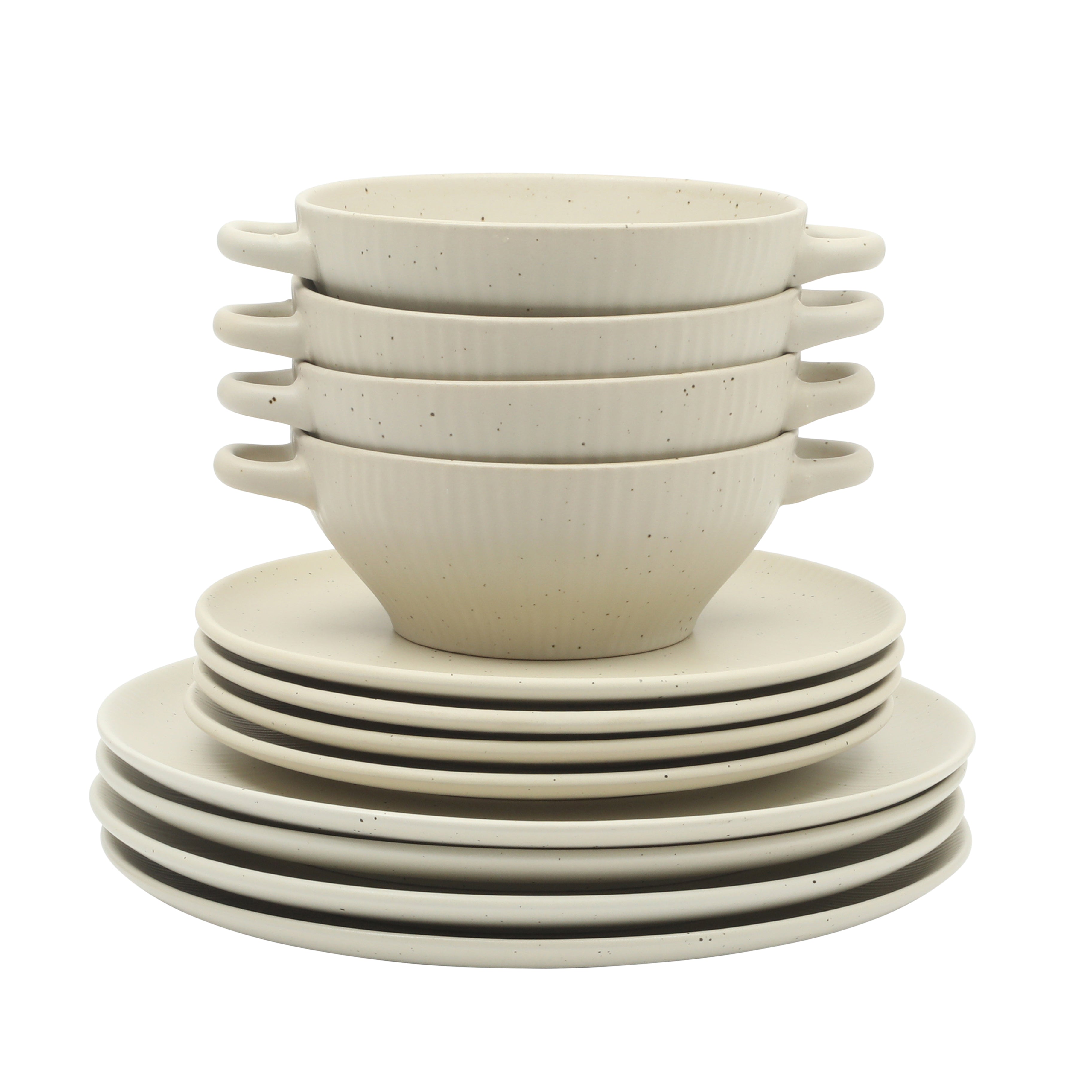 Gibson Elite Clover Hill 12-Piece Stoneware Dinnerware Set – Embossed Plates and Bowls with Matte Speckled Reactive Glaze, Service for 4 – Microwave & Dishwasher Safe