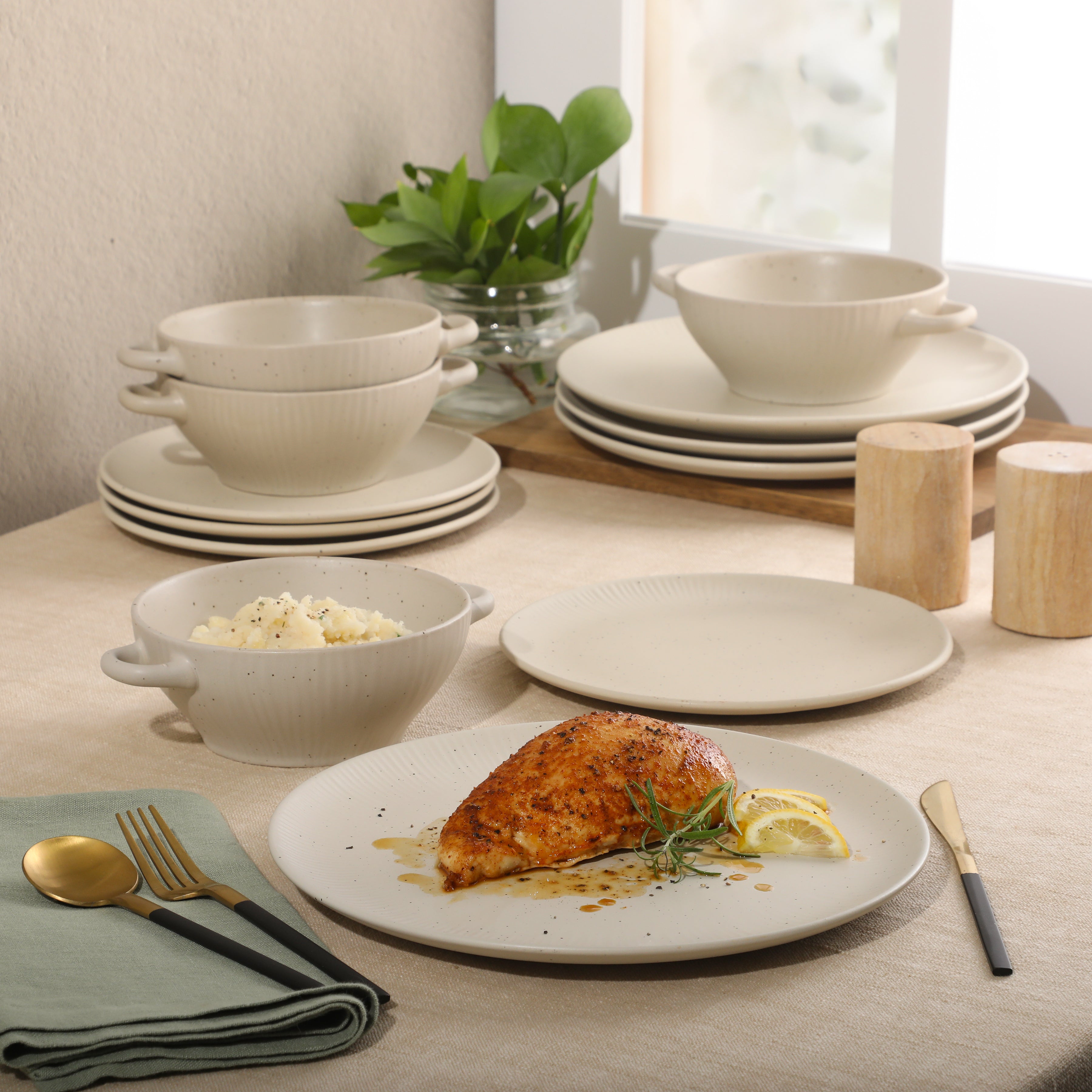 Gibson Elite Clover Hill 12-Piece Stoneware Dinnerware Set – Embossed Plates and Bowls with Matte Speckled Reactive Glaze, Service for 4 – Microwave & Dishwasher Safe