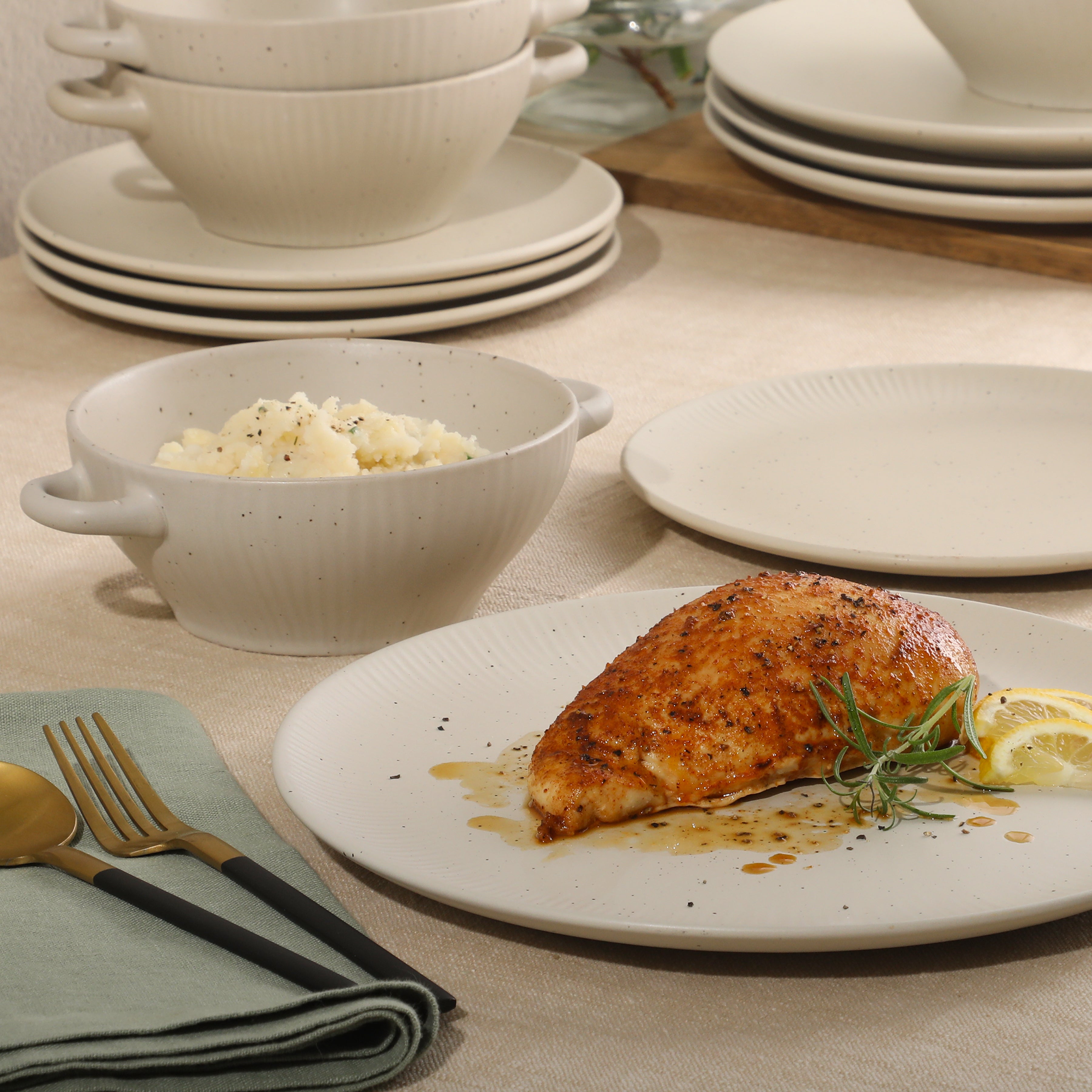 Gibson Elite Clover Hill 12-Piece Stoneware Dinnerware Set – Embossed Plates and Bowls with Matte Speckled Reactive Glaze, Service for 4 – Microwave & Dishwasher Safe