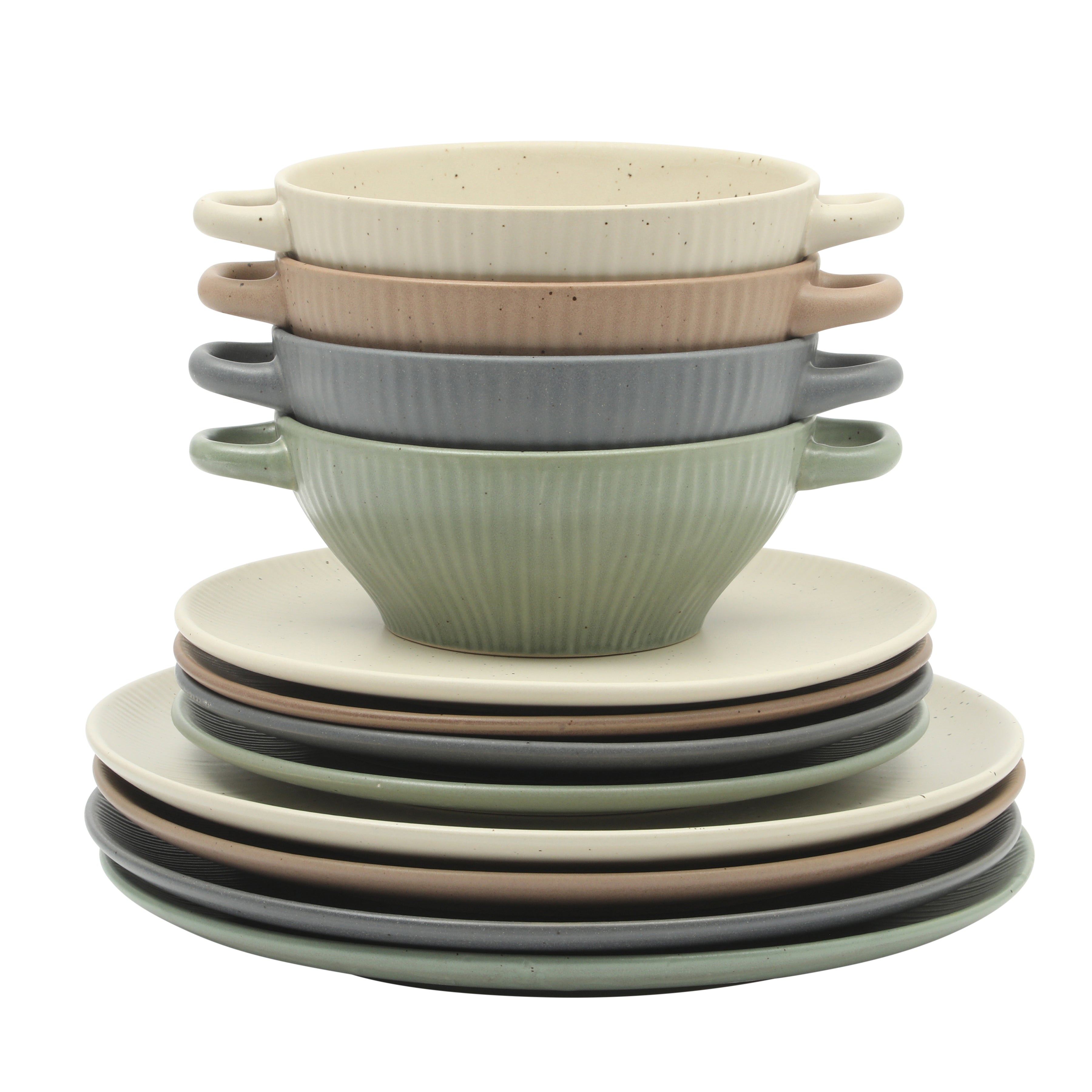 Gibson Elite Clover Hill 12-Piece Stoneware Dinnerware Set – Embossed Plates and Bowls with Matte Speckled Reactive Glaze, Service for 4 – Microwave & Dishwasher Safe